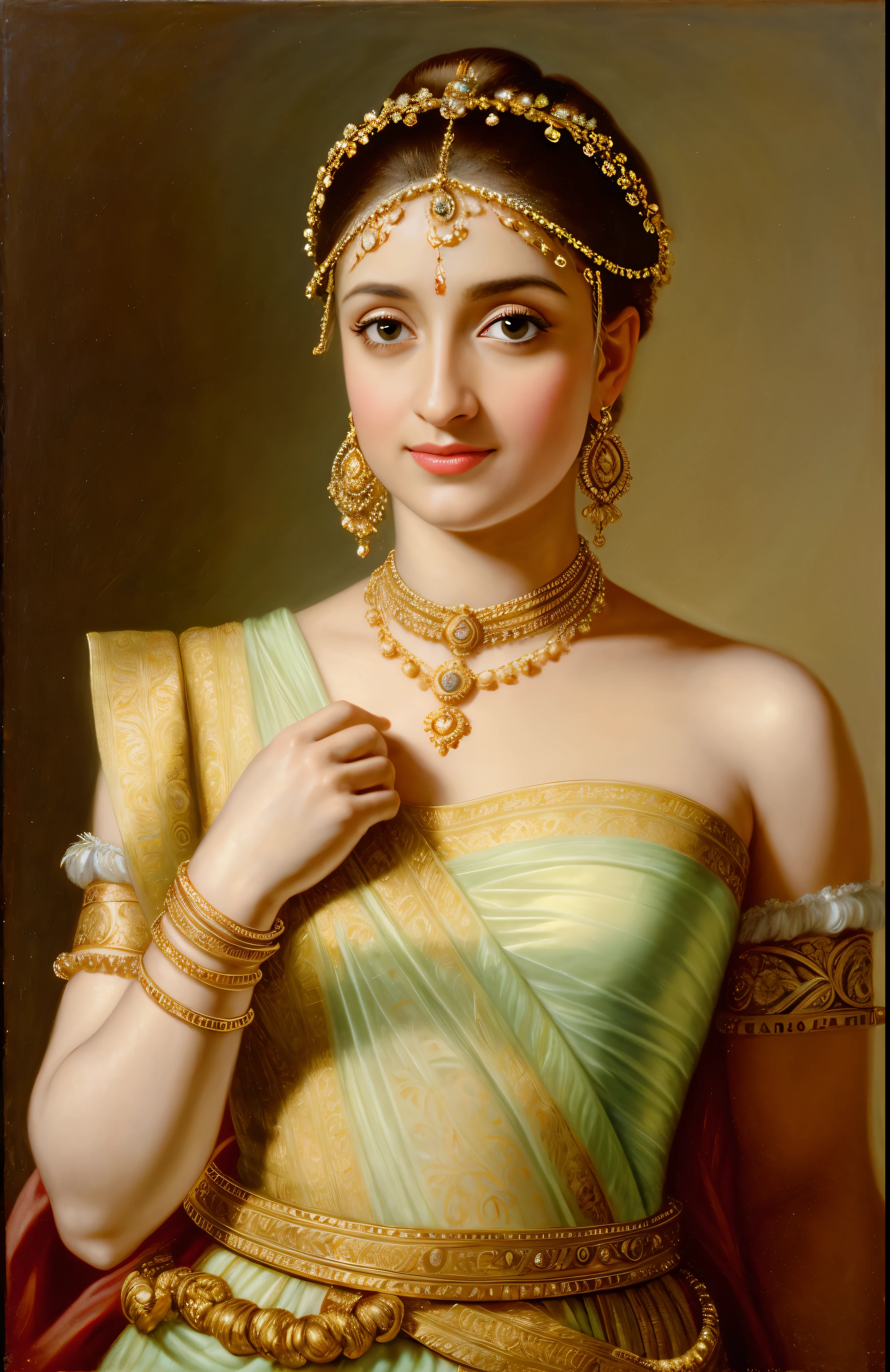 Looks like Trisha Krishnan, Masterpiece, Best quality, high clarity eyes, beautifully styled hair, critically flawless,sharp picture, Full portrait, High pixels, perfect face, perfect eyes, beautiful face, perfect hands,perfect fingers, in Peter Paul Rubens style, by Peter Paul Rubens, baroque style, acrylic on canvas, highly detailed, description: "Create a nymph inspired by the tales of Greek or Roman mythology, embodying the essence of a natural element or location, and possessing a unique ability or trait that sets her apart.", 1 female,