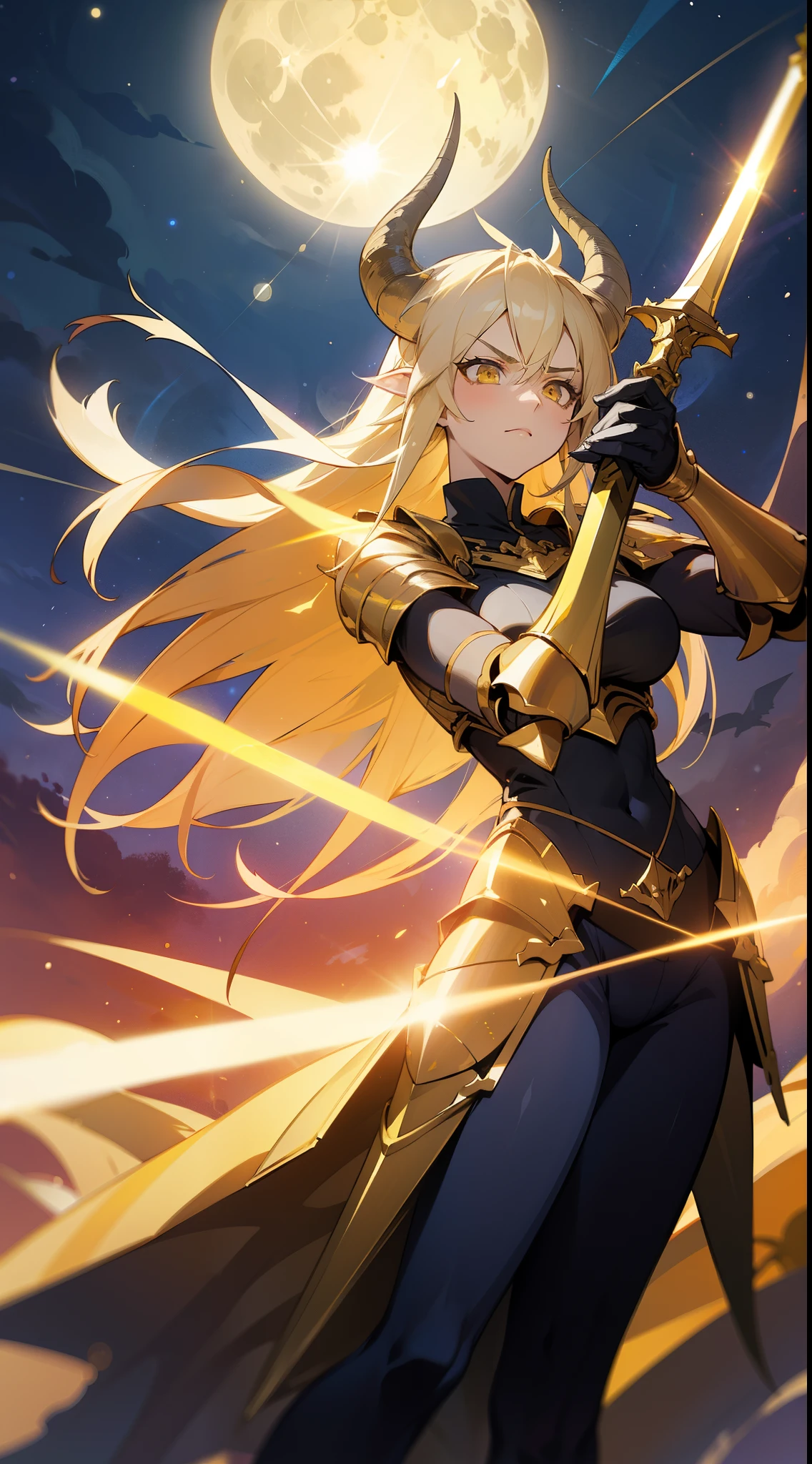 1girl,20s,mature female,,horns,long hair,cathyl hair,light blonde hair,gold armor,flying,holding a golden sword,yellow eyes,serious,Ray Light Glow Lens Flare,((night,night sky,full moon