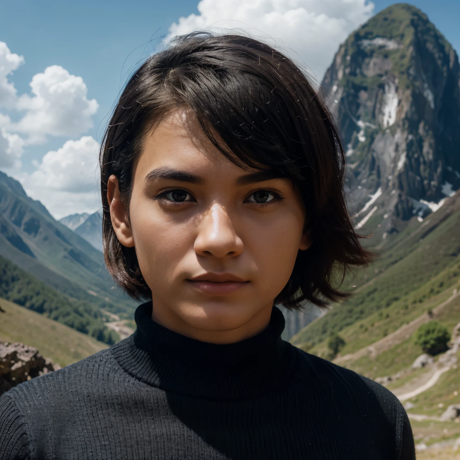 Create a realistic 4D caricature photo. A photo of a 25 year old man wearing a black sweater, short hair. Taking a photo in the very beautiful, cool mountains and colorful scenery. A realistic photo of an Indonesian face, taken from the front 8k full HD 0.5. Cloudy atmosphere, 4D forward view. 3D. Use the RenderMan renderer. 3D digital art. High definition, high contrast, high color saturation.