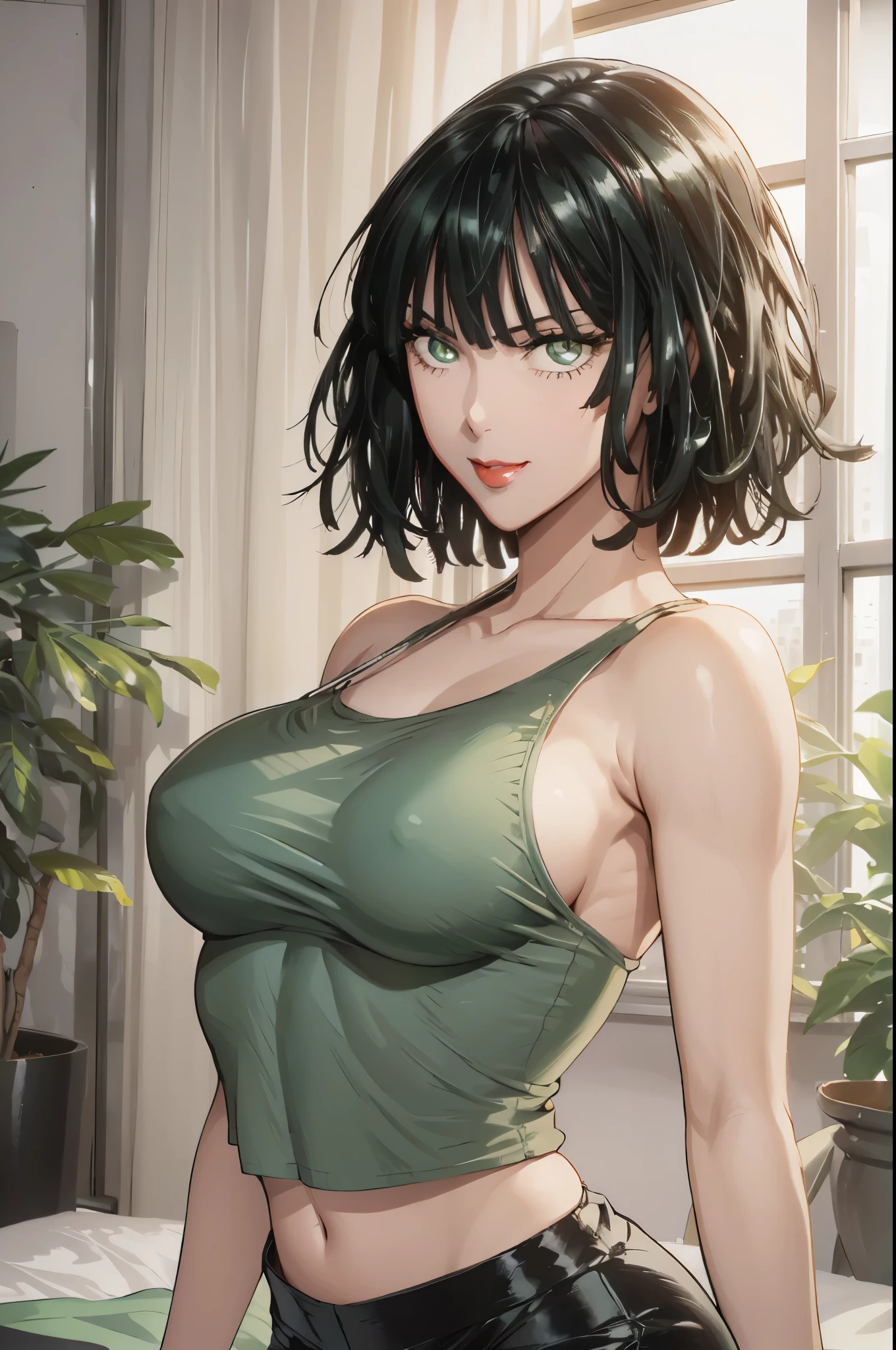 Girl, smile, red lips, big nose, big tits, shorts hair, black hair colors, fair skin, green tanktop colors, black pants colors, beautiful girl, sexy girl, sexy body, sexy pose, perfect girl, realistic, in room, black hair colored