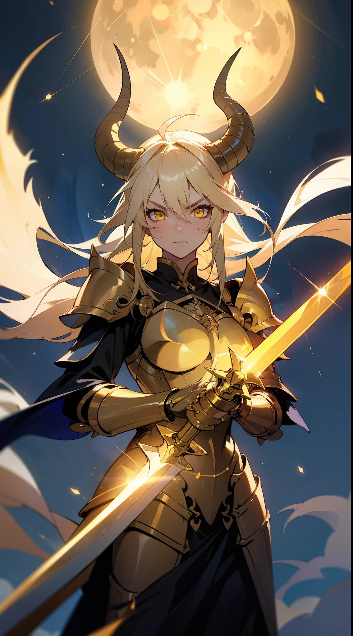 1girl,20s,mature female,,horns,long hair,cathyl hair,light blonde hair,gold armor,flying,holding a golden sword,yellow eyes,serious,Ray Light Glow Lens Flare,((night,night sky,full moon)),portrait