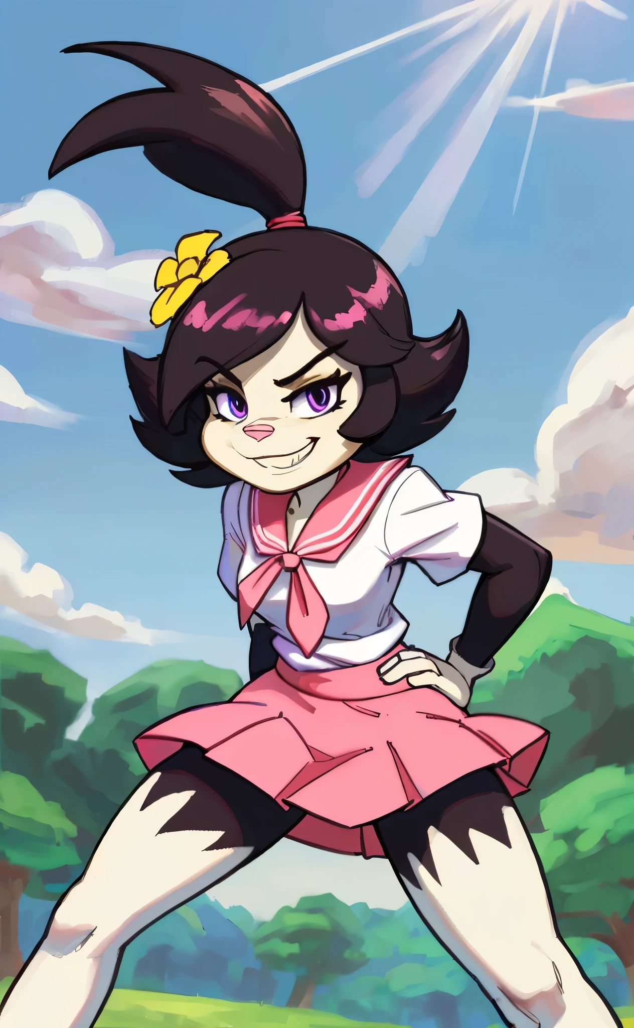 [Dot], [Animaniacs], [Uploaded to e621.net; (Pixelsketcher), (wamudraws)], ((masterpiece)), ((HD)), ((high res)), ((solo portrait)), ((waist-up)), ((front view)), ((furry; anthro)), ((detailed fur)), ((detailed soft shading)), ((beautiful render art)), {anthro; (slim figure), black fur, pink nose, short black hair, (tied-up hair), (cute maroon eyes), (glisten in eyes), (long eyelashes), (curvy hips), (beautiful legs), (smug grin)}, {(japanese school uniform), (white short sleeve shirt), (pink tie), (short pink skirt), (white panties visible), (white thighhighs), (yellow flower in hair)}, {(standing), (hand on hip), (looking at viewer)}, [background; (park), (grass plains), (clouds in sky), (blue sky), (sun rays), (ambient lighting)]