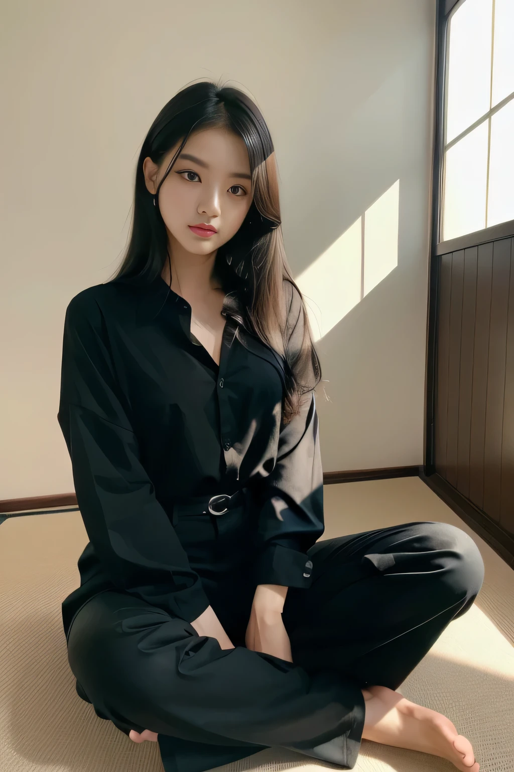 (masterpiece、High level image quality、high quality),A woman who stopped being a woman、perfect anatomy、beautiful limbs、beautiful skin、long black hair、Clear black eyes、shirt、pants、Fashionable、sit cross-legged、Japanese style room、model、perfect human、spiritual、sunlight shines in、