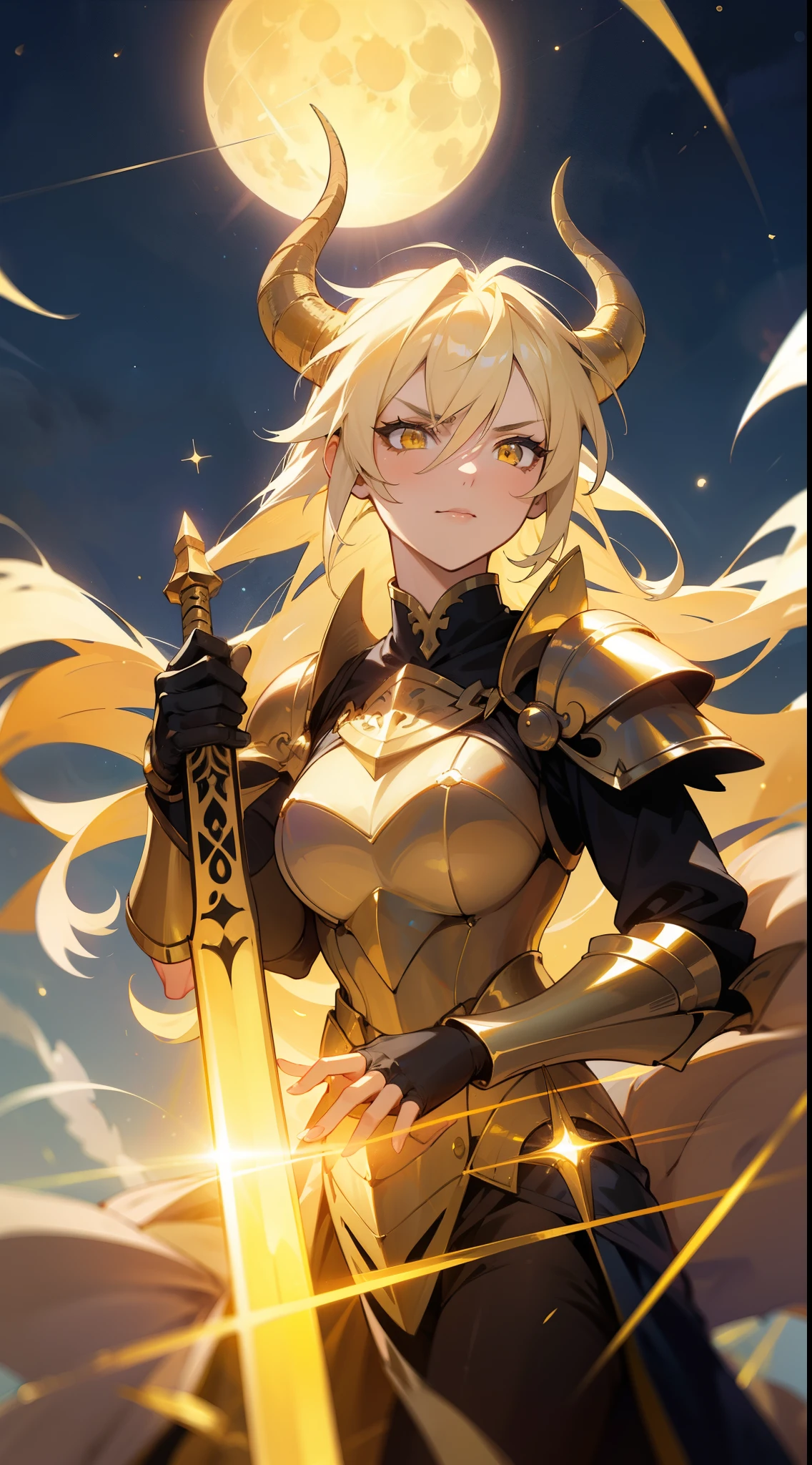 1girl,20s,mature female,,horns,long hair,cathyl hair,light blonde hair,gold armor,flying,holding a golden sword,yellow eyes,serious,Ray Light Glow Lens Flare,((night,night sky,full moon)),portrait