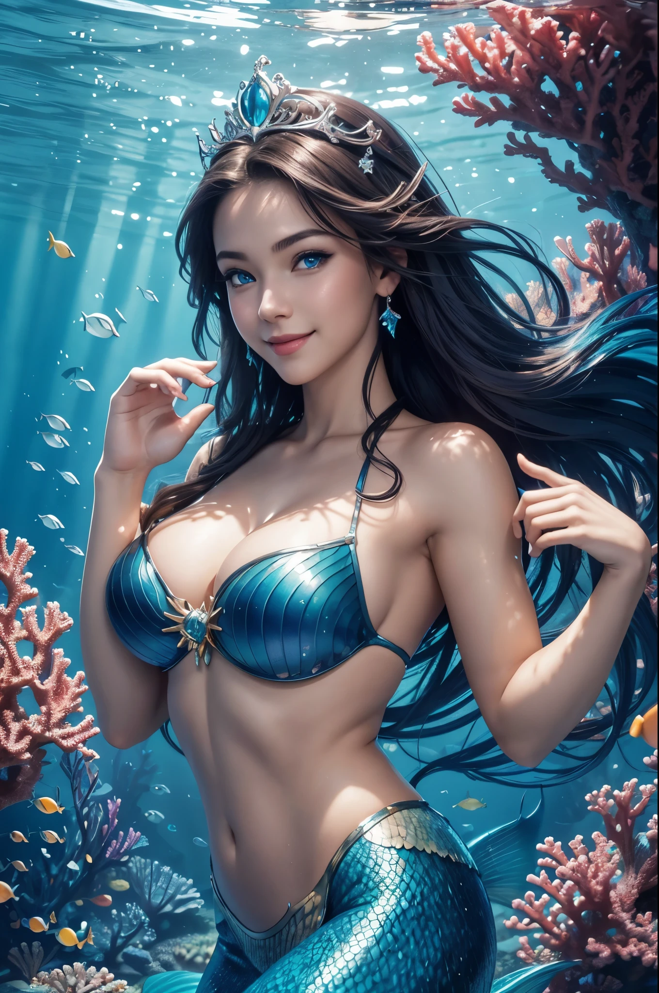 8K,Mermaid swimming in the beautiful sea,Super beautiful(like the real thing),blue gradient scales,Super realistic,blue eyes,brown long hair,Silver tiara,The Little Mermaid,masterpiece,Photorealistic RAW photos of the highest quality。Backlight, cinematic lighting, film grain, to be born, 50mm lens, Nikon D850,realistic skin,fantasy art,character art,ultra high resolution,muscular,The lower body is a fish,Dive into the sea,beautiful coral reef,smile,wave hands,Close-up,very big breasts,