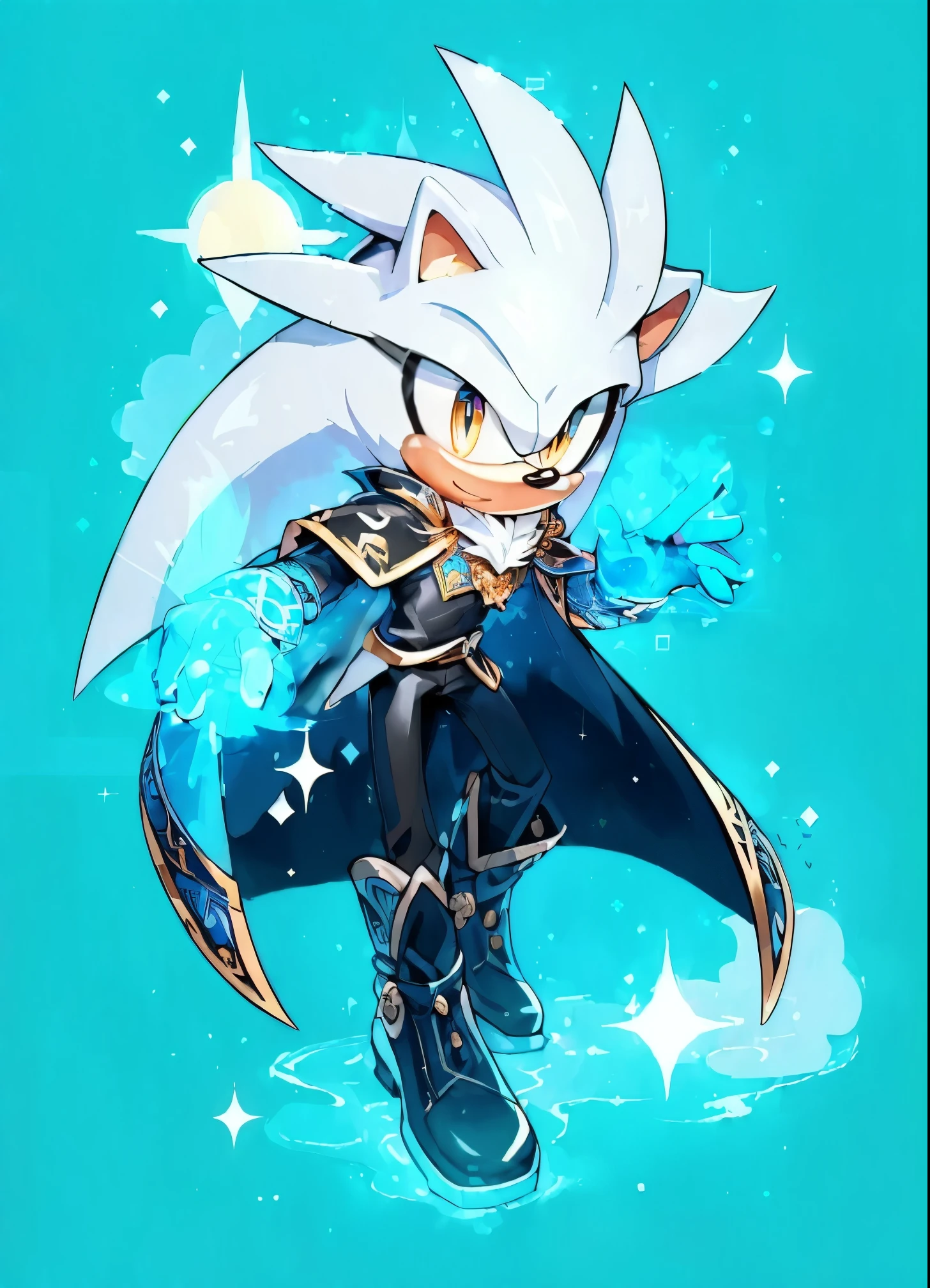 (High Quality. best quality, masterpiece: 1.8). anthropomorphic hedgehog, Man, Manly, boy, King, hedgehog mobian, Silver the hedgehog. silver fur, silver hair, long hair strands, golden eyes, some of white fur on torso on top of the clothes, cyan jewel on torso closing the cape, royal shoes with silver accessories, royal white gloves with cyan reflects, cyan aura on hands, Royal clothes dark blue with color nuances. Royal Vest with Silver glyphs begining to the torso and descending to the feets, being open, Royal Pants, Small draws on the clothes made of silver Royal cape. silver accessories. Highly details, intricate details. Dynamic pose. beautifully color-coded, refined detail, insane details. shadow. Black shadow Contrast. reflects, 2D, perfectly draws hands, perfectly draw fingers, perfectly draw face