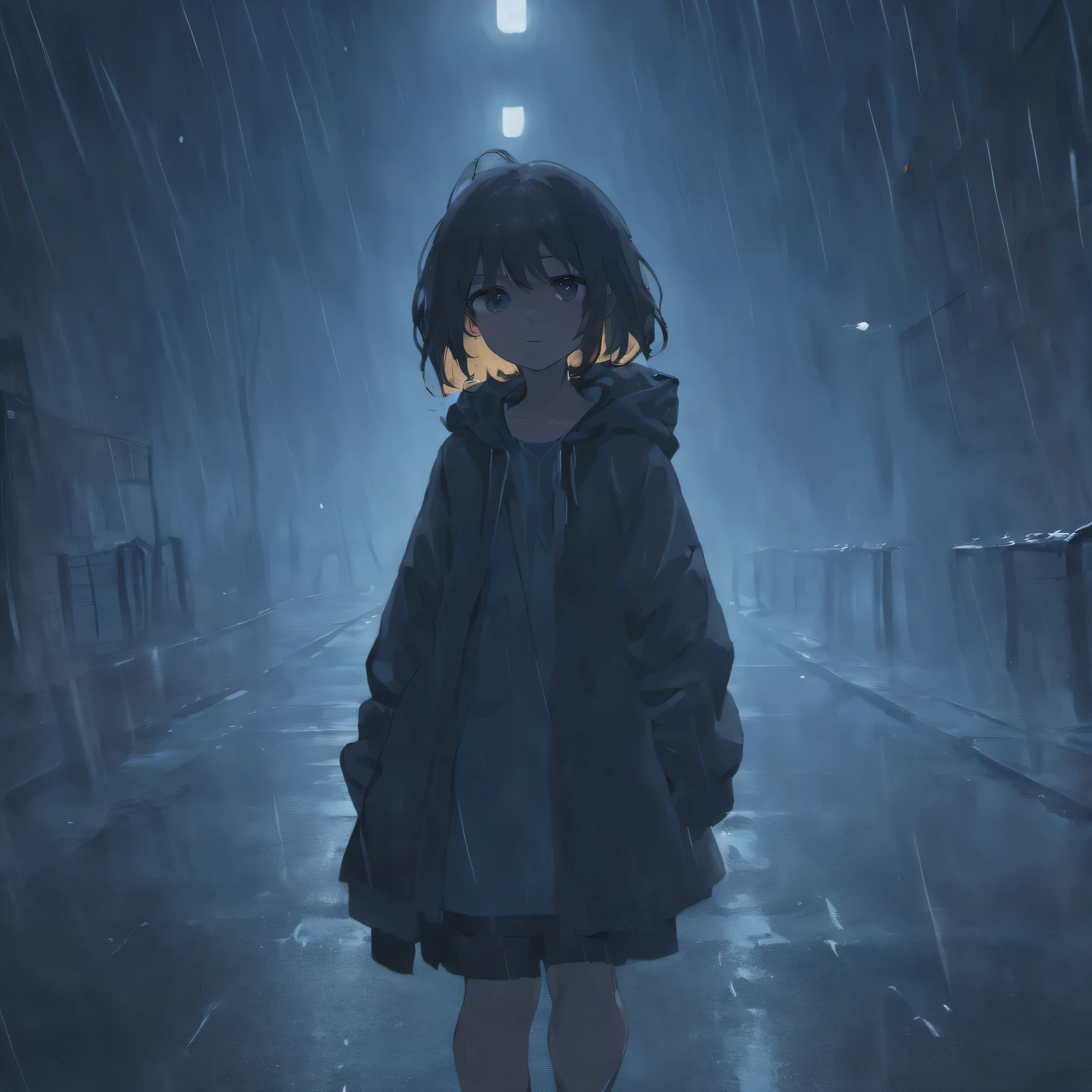 A girl standing in the rain, with tears streaming down her face, surrounded by darkness and sadness. Her eyes are filled with pain and despair. The raindrops are falling heavily, drenching her hair and clothes. The scene is captured in high-resolution, with every detail of her expression and the raindrops on her face and clothing visible. The atmosphere is melancholic and gloomy, with a touch of mystery. The lighting is dim, casting long shadows on the ground. The use of black and dark tones emphasizes the feeling of sadness and despair. The rain adds texture and movement to the image, intensifying the emotions conveyed. The overall composition and perspective evoke a sense of loneliness and isolation. The artwork is created with a realistic and photorealistic style, highlighting the intricate details of the girl's face, rain, and surroundings. The color palette is dominated by shades of black, gray, and blue, enhancing the somber mood.