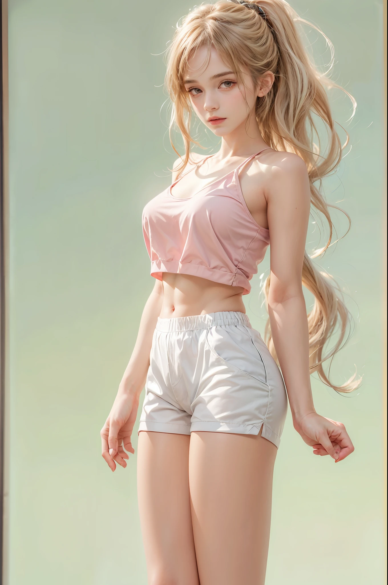 masterpiece, best quality, high quality, High definition, High quality texture, High quality shadow, high detail, beautiful detailed, finely detailed, extremely detailed cg, detailed texture, a realistic representation of the face, realistic, colorful, delicate, sharp focus, (intricate details, makeup, PureErosFace_V1:0.5), (detailed beautiful delicate face, detailed beautiful delicate eyes, a face of perfect proportion, high detailed skin, detailed skin, best ratio four finger and one thumb, skiny and thin:1.3), 1girl, 17 years old, tall, (smooth_abs:1.55), (abs:0.5), pretty, masterpiece, highres, (long_skinny_legs), (straight_legs), (skinny_waist), (((fair skin))), white skin, (((pale skin))), pink sports Bandeau, (school_uniform:swim_suits:0.5), white shorts, standing legs apart, looking at viewer, pink sports shoes, glasses, (Emma_watson), big_breast, (((Caucasian))), Light blonde hair, pink and white, sakura leaves