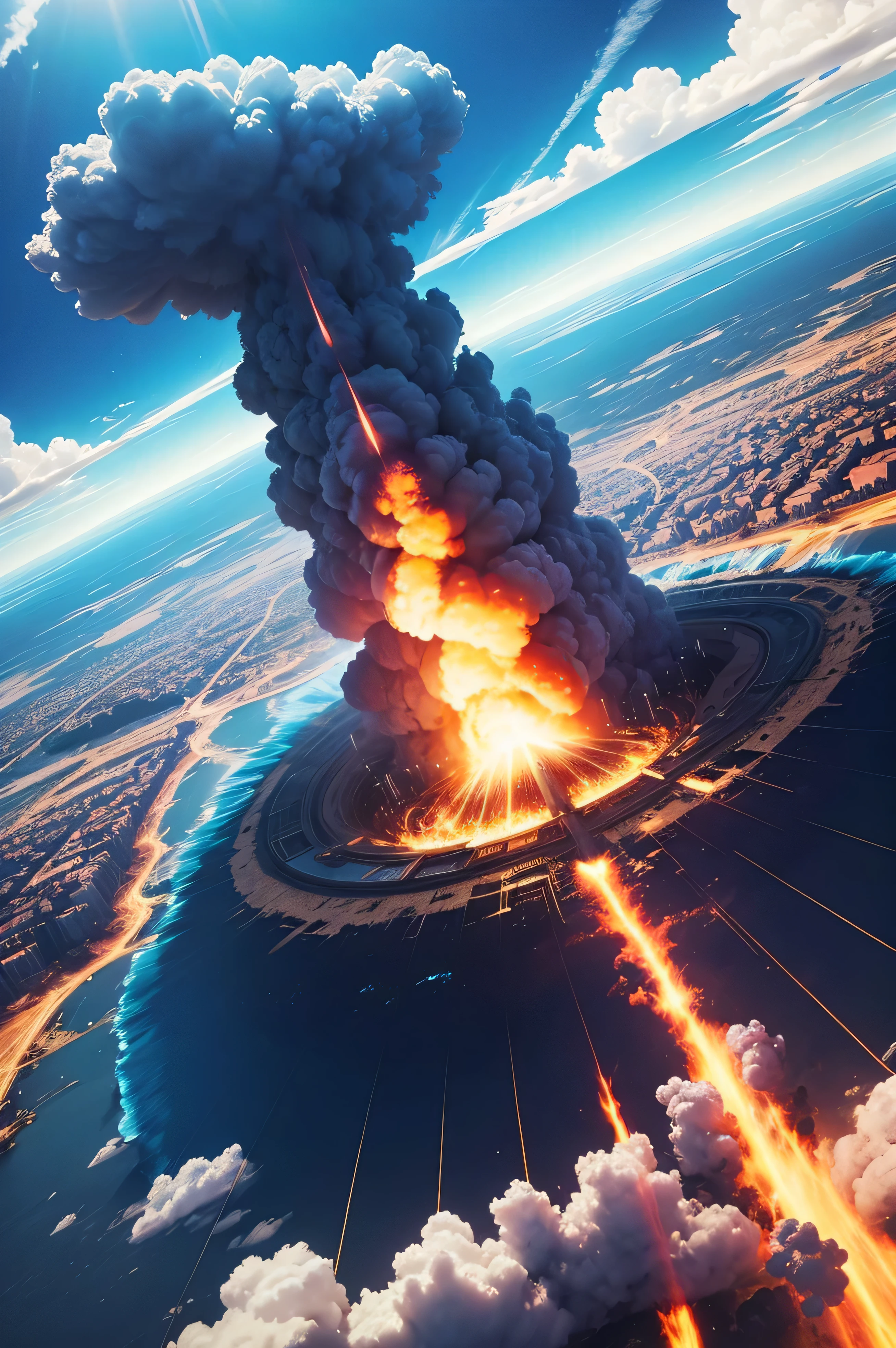 A super fire tornado with a clear blue sky background, cidade de brinquedo abaixo, Estilo realista