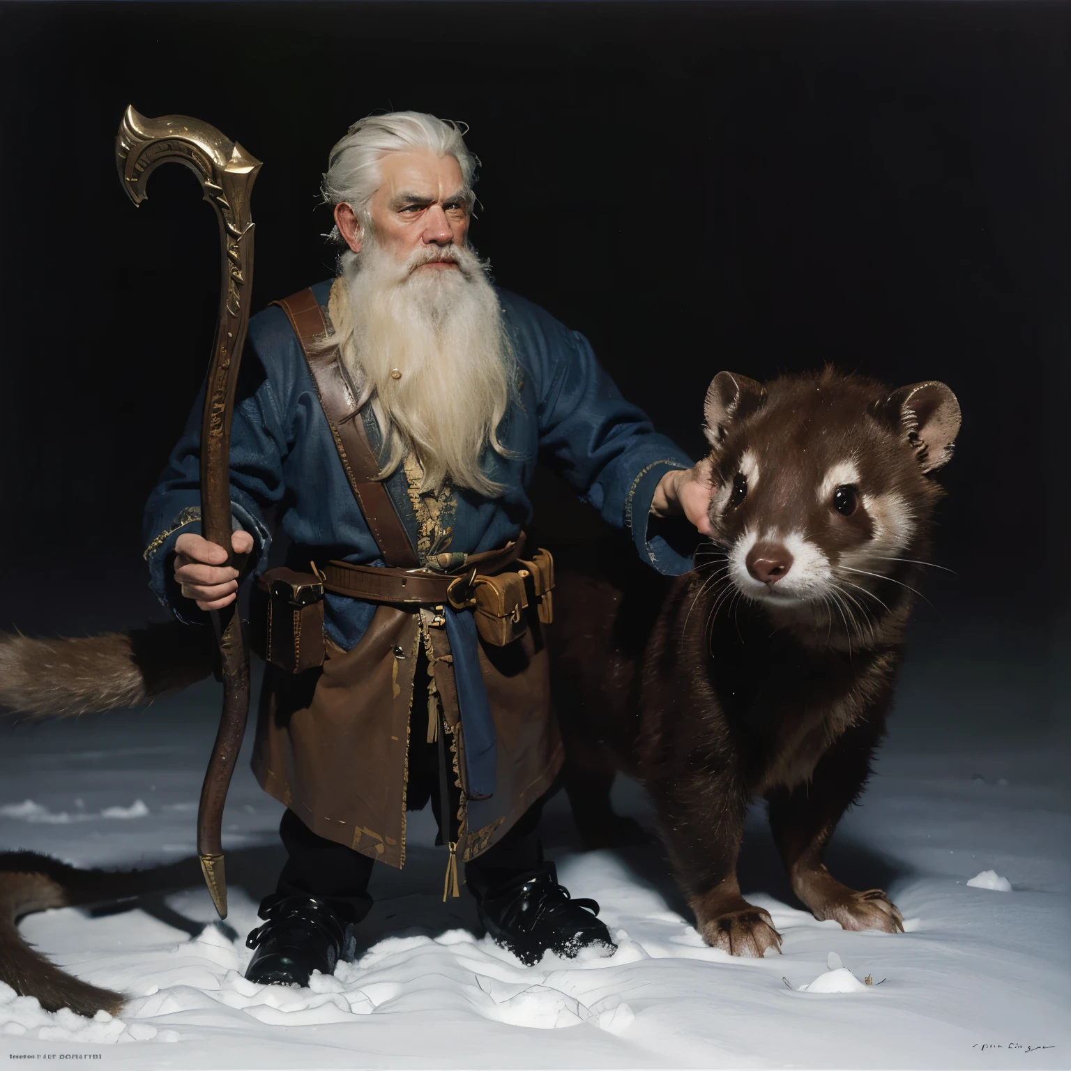 8k, the most beautiful d&d painting artwork, Forground: a fantasy druid goblin gnome with a white beard and white hair standing barefoot beside a brown giant weasel giant ferret he is holding a mage wood Staff, he is wearing a blue winter coat with a leather belt at the waist, leather pouches, pointy ears, pointy nose, thick eyebrows. Background: twilight lighting, errie dark scandinavian forest, snow covered ground, pine trees, moss. Render the scene: art style of Donato Giancola and Patrick J Jones, sharp focus, (highly detailed:1.4), oil painting.