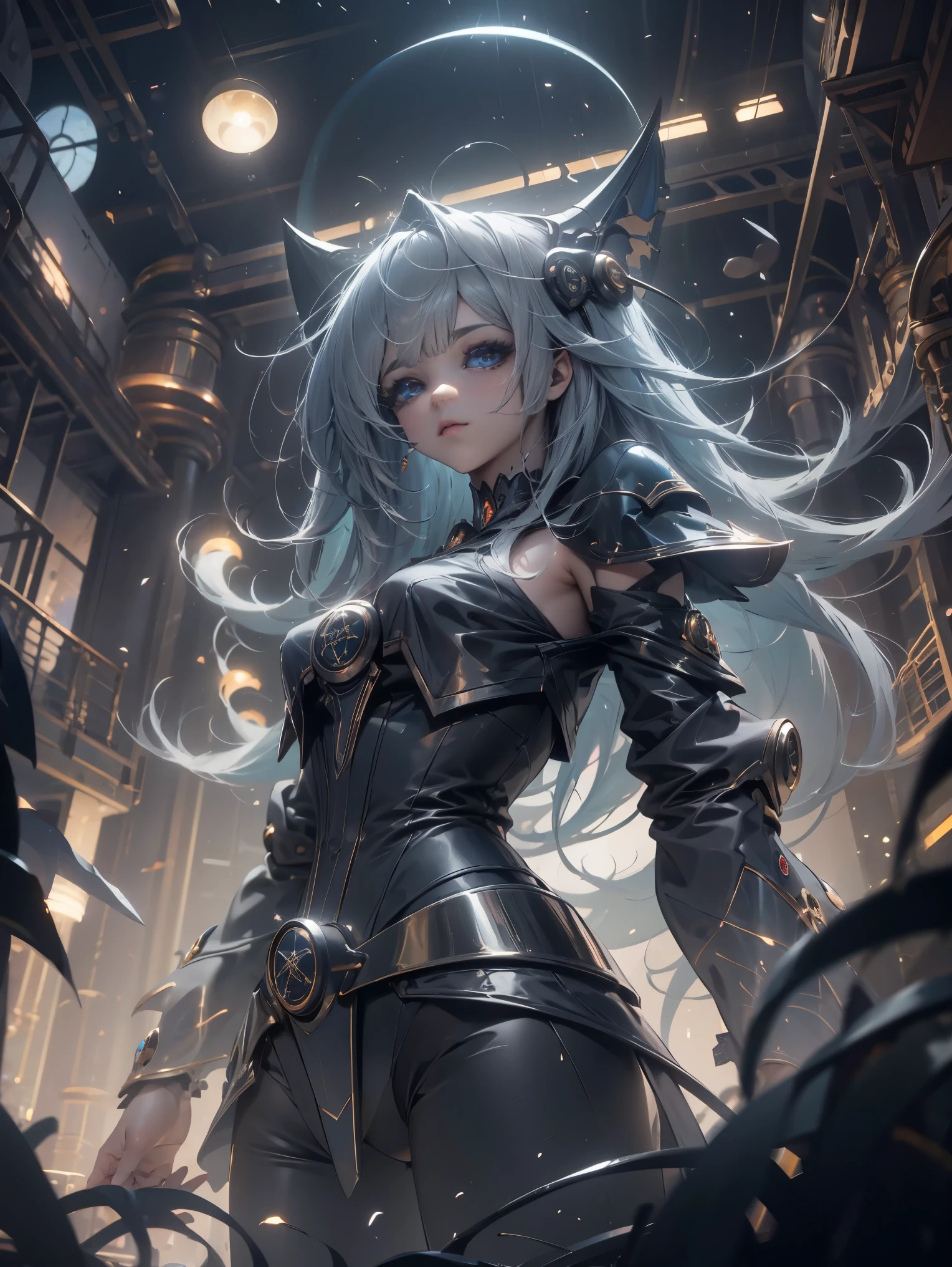 Obra maestra, La mejor calidad,
1niña Dark Magician Gils, solamente, Cabello largo, cabello rubio, fotorrealista, 
(Hermosos ojos finamente detallados: 1.2),Ropa abierta, ojos brillantes, cabello brillante, Piel lustrosa,((1 robot realista)), Metal construction, alambres y cables, (ojos brillantes), (mechenical arms), Science-Fiction,(Brazo mecha grande),Disparo de vaquero, Power tank,