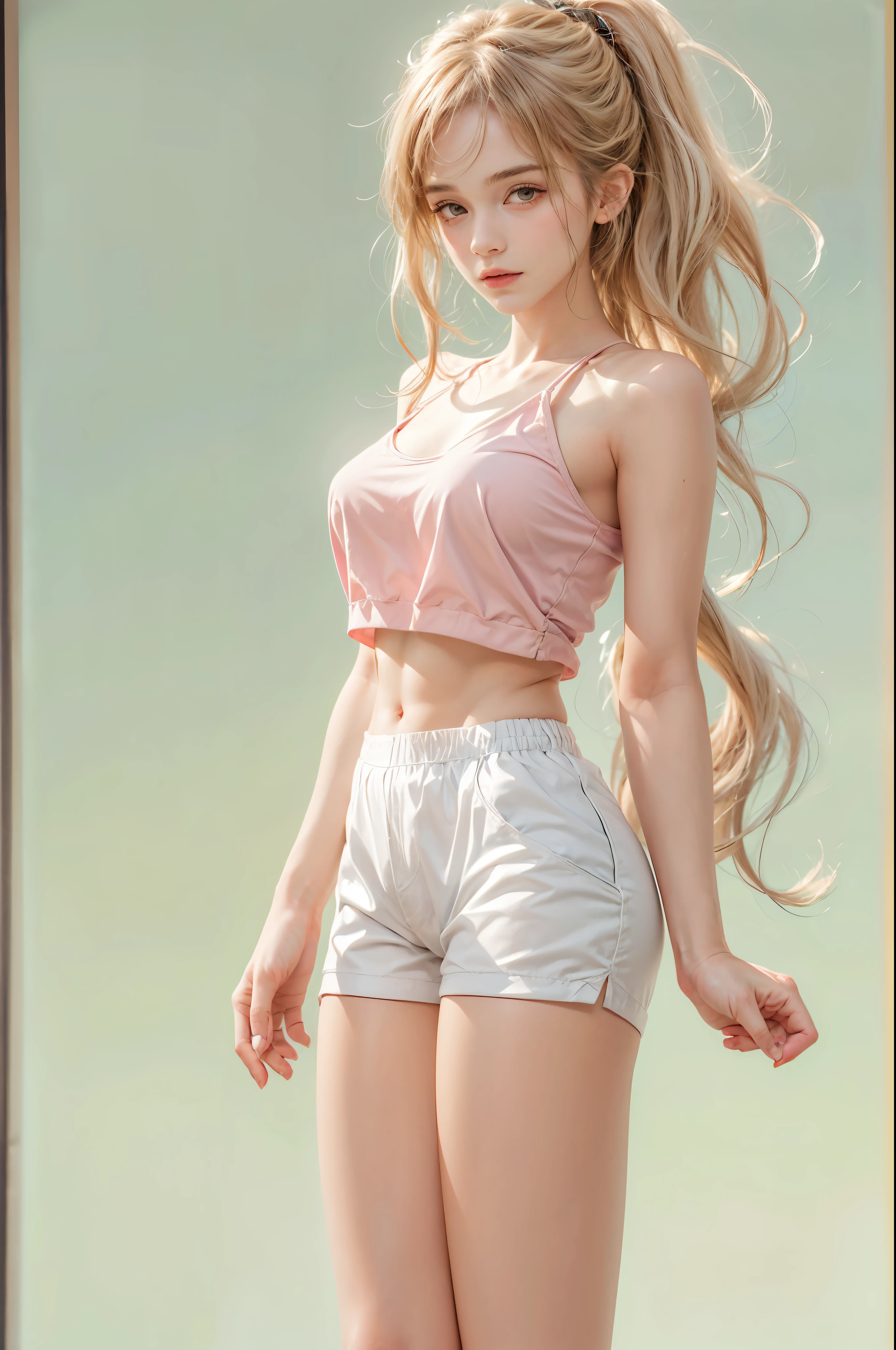masterpiece, best quality, high quality, High definition, High quality texture, High quality shadow, high detail, beautiful detailed, finely detailed, extremely detailed cg, detailed texture, a realistic representation of the face, realistic, colorful, delicate, sharp focus, (intricate details, makeup, PureErosFace_V1:0.5), (detailed beautiful delicate face, detailed beautiful delicate eyes, a face of perfect proportion, high detailed skin, detailed skin, best ratio four finger and one thumb, skiny and thin:1.3), 1girl, 17 years old, tall, (smooth_abs:1.55), (abs:0.5), pretty, masterpiece, highres, (long_skinny_legs), (straight_legs), (skinny_waist), (((fair skin))), white skin, (((pale skin))), pink sports Bandeau, (school_uniform:swim_suits:0.5), white shorts, standing legs apart, looking at viewer, pink sports shoes, glasses, (Emma_watson), big_breast, (((Caucasian))), Light blonde hair, pink and white, sakura leaves, outdoor garden