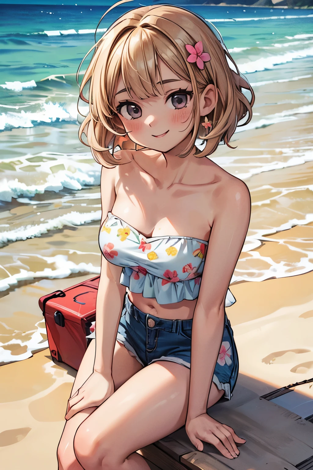 ((Masterpiece)), ((best quality)), (High Definition:1.3), (Professional Photography:1.2), 1girl, girl, (frizzy hair), short blonde hair, playing at the beach, alone, smile, (flowered print Strapless tube tops), (Strapless:1.4), dark short shorts, bare midriff, fine pubic hair, bare feet, alone, lonely expression