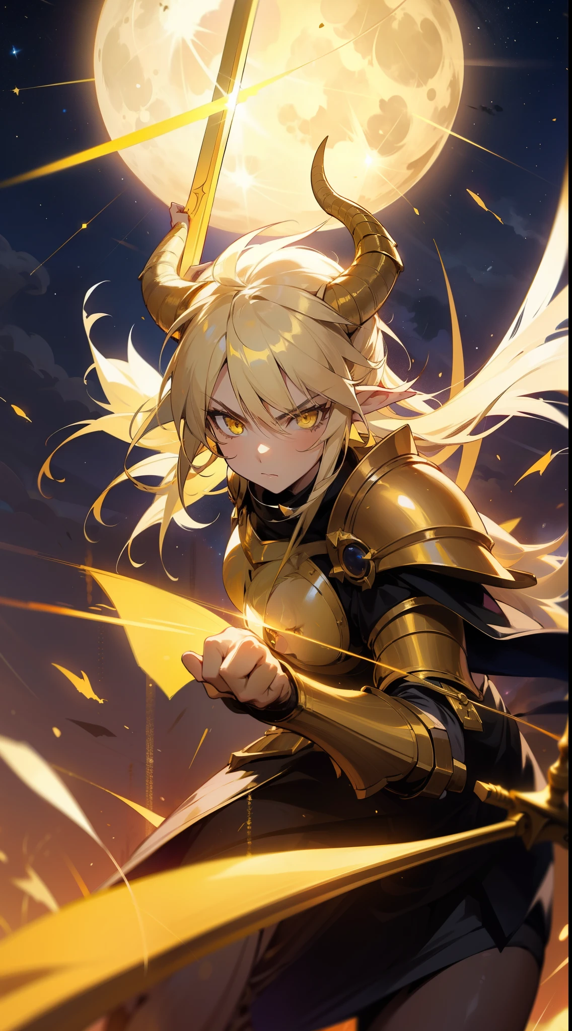 1girl,20s,mature female,horns,long hair,cathyl hair,light blonde hair,gold armor,flying,holding a golden sword,yellow eyes,serious,Ray Light Glow Lens Flare,((night,night sky,full moon)),portrait,attacking