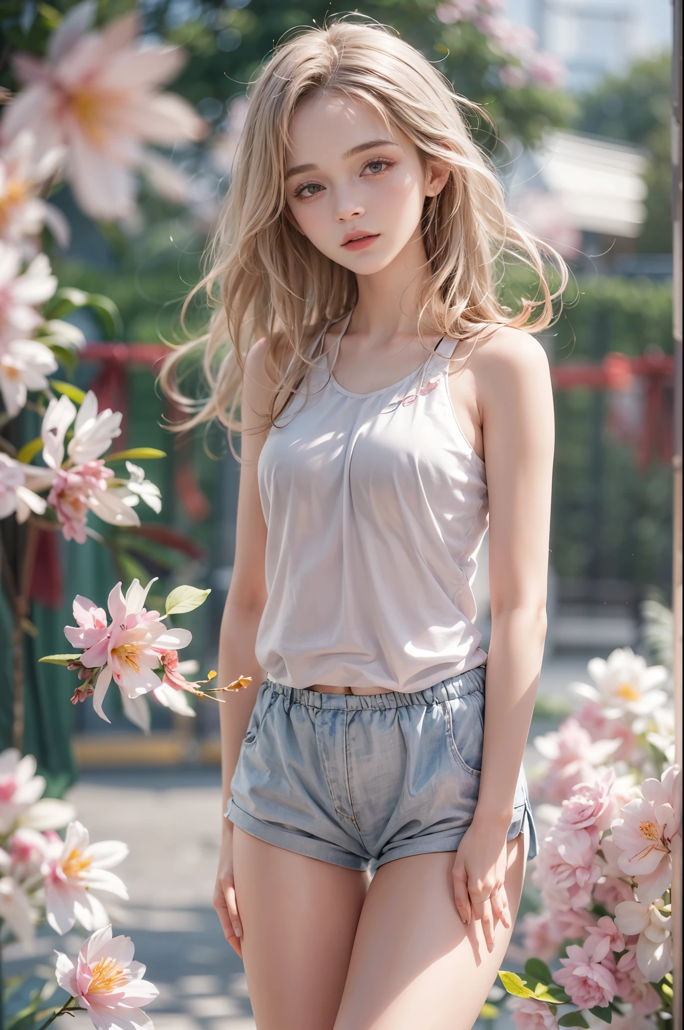 masterpiece, best quality, high quality, High definition, High quality texture, High quality shadow, high detail, beautiful detailed, finely detailed, extremely detailed cg, detailed texture, a realistic representation of the face, realistic, colorful, delicate, sharp focus, (intricate details, makeup, PureErosFace_V1:0.5), (detailed beautiful delicate face, detailed beautiful delicate eyes, a face of perfect proportion, high detailed skin, detailed skin, best ratio four finger and one thumb, skiny and thin:1.3), 1girl, 17 years old, tall, (smooth_abs:1.55), (abs:0.5), pretty, masterpiece, highres, (long_skinny_legs), (straight_legs), (skinny_waist), (((fair skin))), white skin, (((pale skin))), pink sports Bandeau, (school_uniform:swim_suits:0.5), white shorts, standing legs apart, looking at viewer, pink sports shoes, glasses, (Emma_watson), big_breast, (((Caucasian))), Light blonde hair, pink and white, sakura leaves
