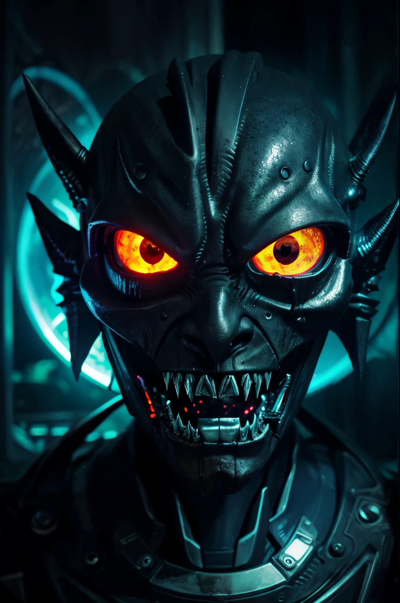 alien face,scary,glowing eyes,futuristic,metallic skin,details,otherworldly,sharp teeth,dark shadows,intense gaze,unusual features,colorful,extraterrestrial,high resolution,horror art,artificial lighting