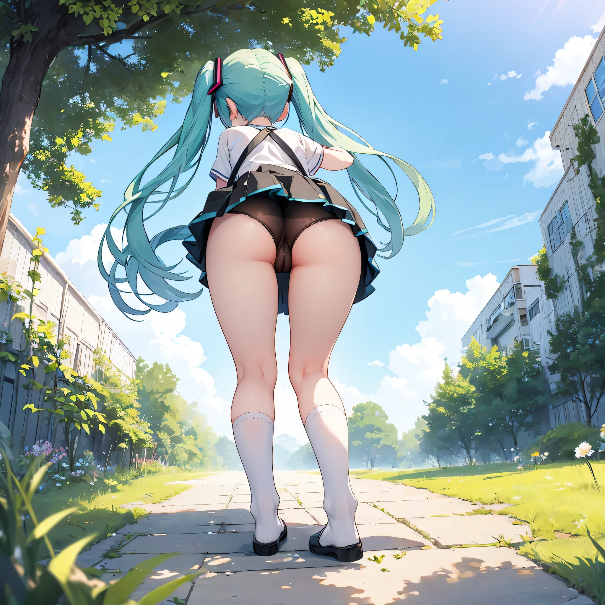 、Kindergarteners、、、's 、alone,nature,null, cloud,hatsune miku,hatsune miku, suspender skirt,puffy short sleeves,open your legs,no pants,pussy,pussy,high socks,big ass,Rear view,leaning forward,Shooting low-angle subjects from below、butt crack、Shot from directly below the buttocks,Don'don't make eye contact,Don'please don't show your face,get down on all fours,please bend your knees