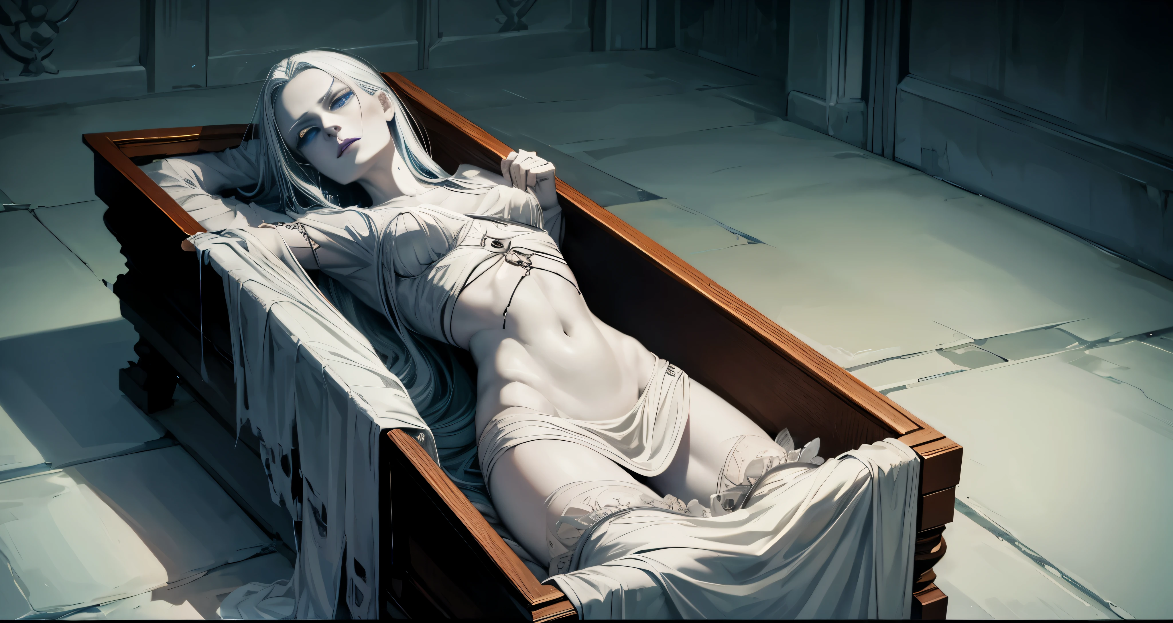 witch, detailed face, high quality, very light blue eyes, very pale, emaciated, folle, lying in a coffin