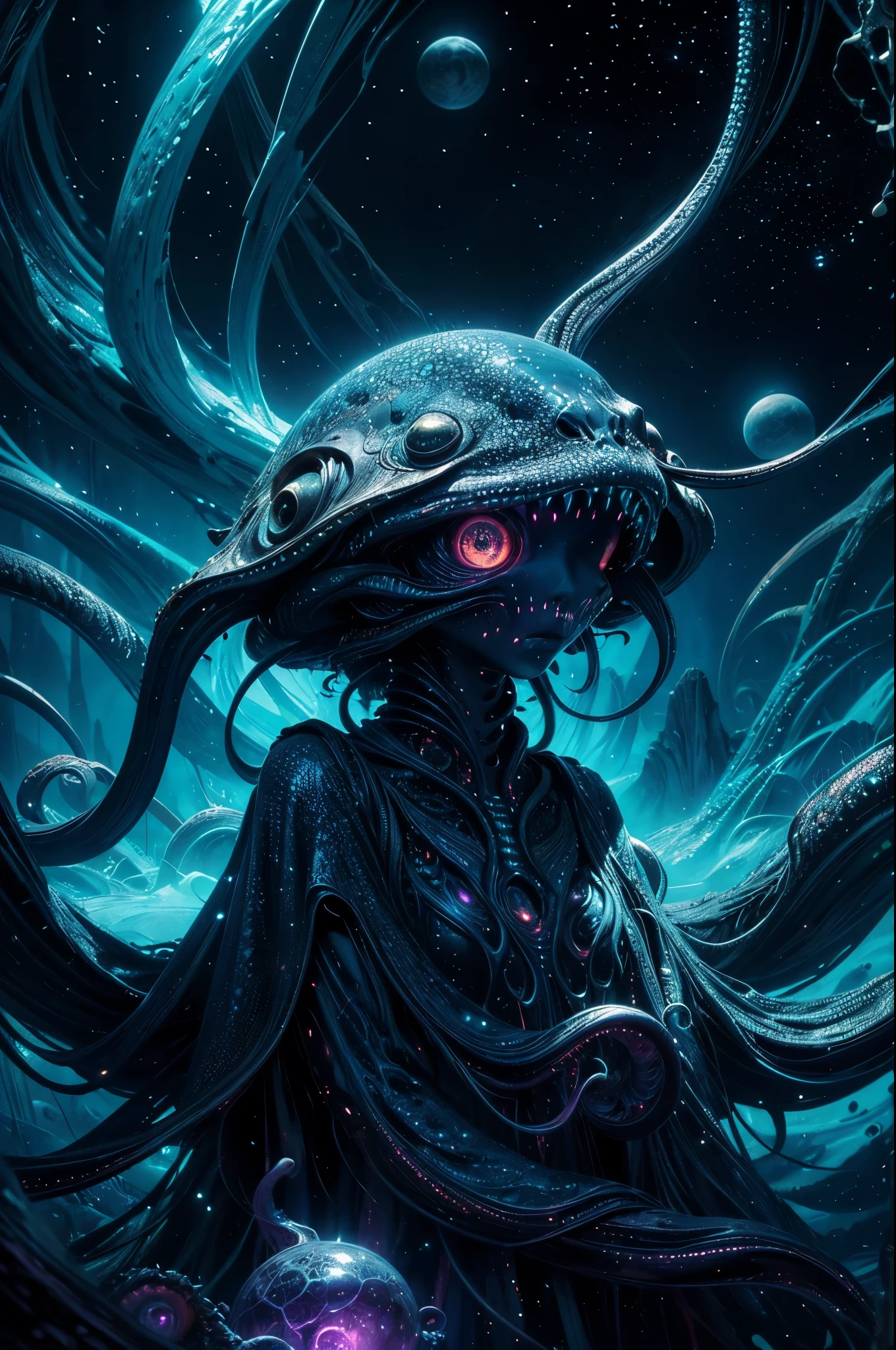 vivid, high-res painting, alien creatures, darkly colored, mysterious, glowing eyes, ethereal, surreal, otherworldly, floating, tentacles, multiple limbs, shimmering skin, intricate details, fantastical environment, sparkling stars, cosmic backdrop, vibrant colors, soft lighting