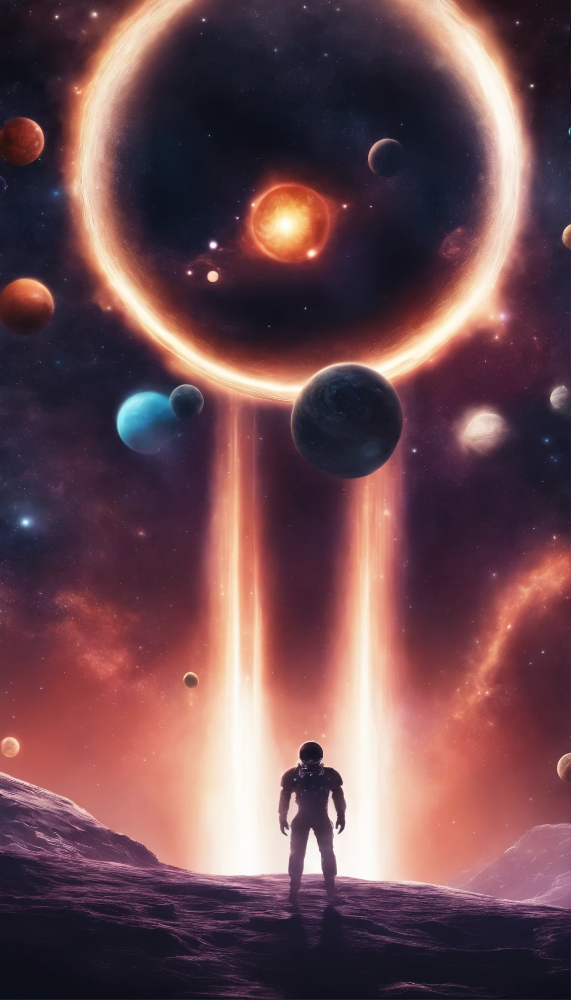 Multiverso, fantasma, cara preta, corpo negro, hands holding planets, universo, Qualidade 4k, melhor qualidade, olhos vermelhos, aura escura e preta.