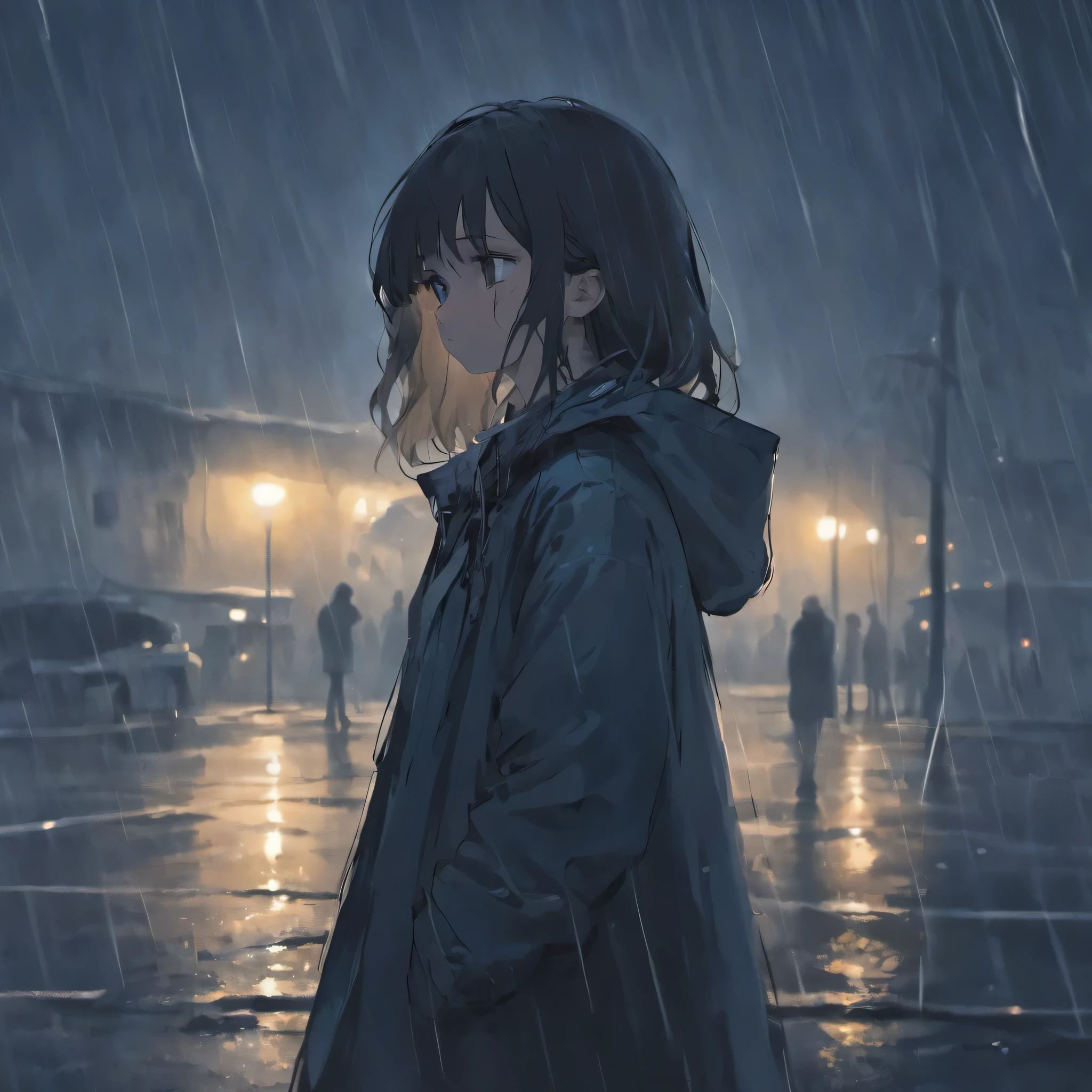 A girl standing in the rain, with tears streaming down her face, surrounded by darkness and sadness. Her eyes are filled with pain and despair. The raindrops are falling heavily, drenching her hair and clothes. The scene is captured in high-resolution, with every detail of her expression and the raindrops on her face and clothing visible. The atmosphere is melancholic and gloomy, with a touch of mystery. The lighting is dim, casting long shadows on the ground. The use of black and dark tones emphasizes the feeling of sadness and despair. The rain adds texture and movement to the image, intensifying the emotions conveyed. The overall composition and perspective evoke a sense of loneliness and isolation. The artwork is created with a realistic and photorealistic style, highlighting the intricate details of the girl's face, rain, and surroundings. The color palette is dominated by shades of black, gray, and blue, enhancing the somber mood.