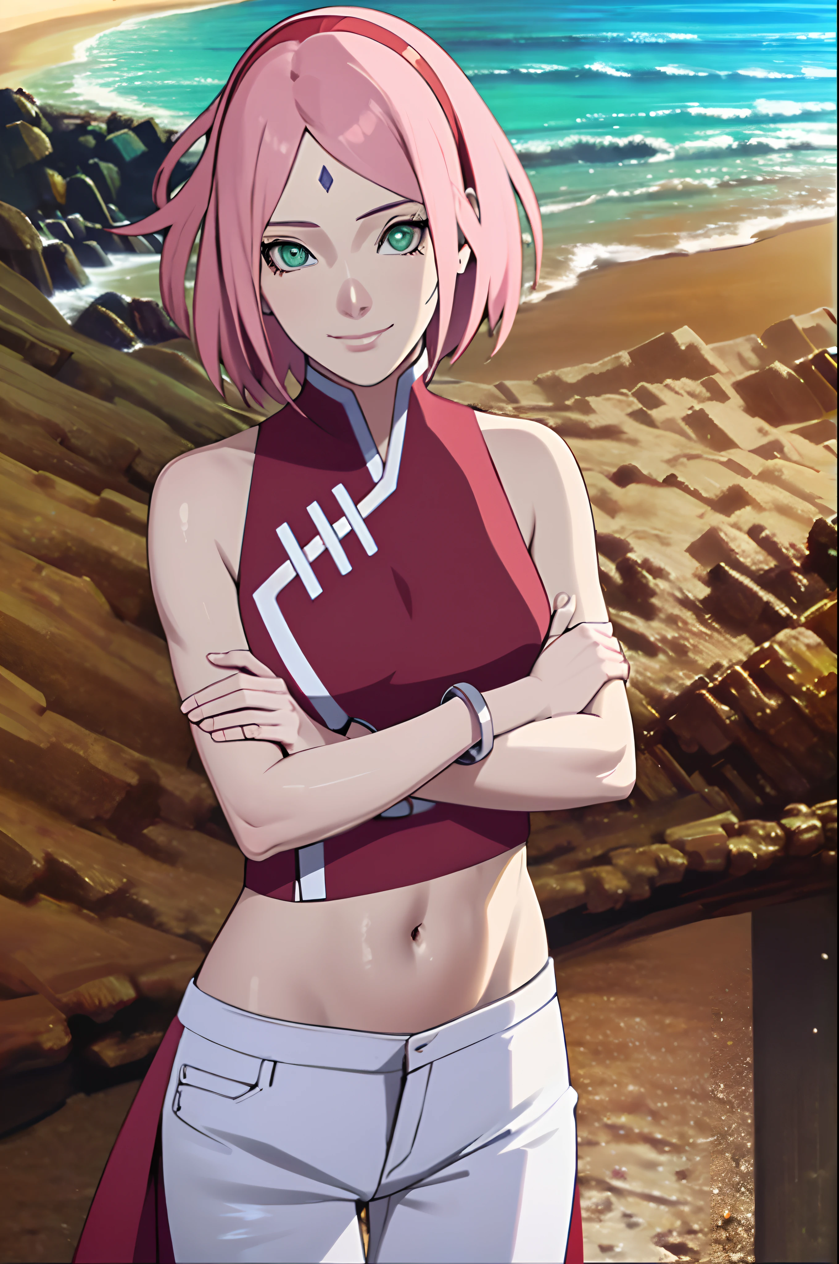 obra de arte, 1k, retrato, tiro no rosto, Arte profissional, detailed praia background, detalhes intrincados, colorida, mistura digital, corpo ultra detalhado, cabelo ultra detalhe, rosto ultra detalhado, trends on pixiv, kind sorriso, cor muito quente, melhor qualidade, estilo anime: 1.9, 1 garota, contrata, haruno sakura, contrasting lighting, (marca na testa, Milf, faixa de cabelo vermelha, pale skin, cabelo curto, ((vestido vermelho sem mangas), White pants), umbigo, virilha, pulseira, olhando para o espectador, crossed arms, cabelo rosa, olhos verdes, sorriso, praia, vento, cabelo flutuante, detailed arms, ombros de fora, slightly muscular arms, standing), Dia ensolarado