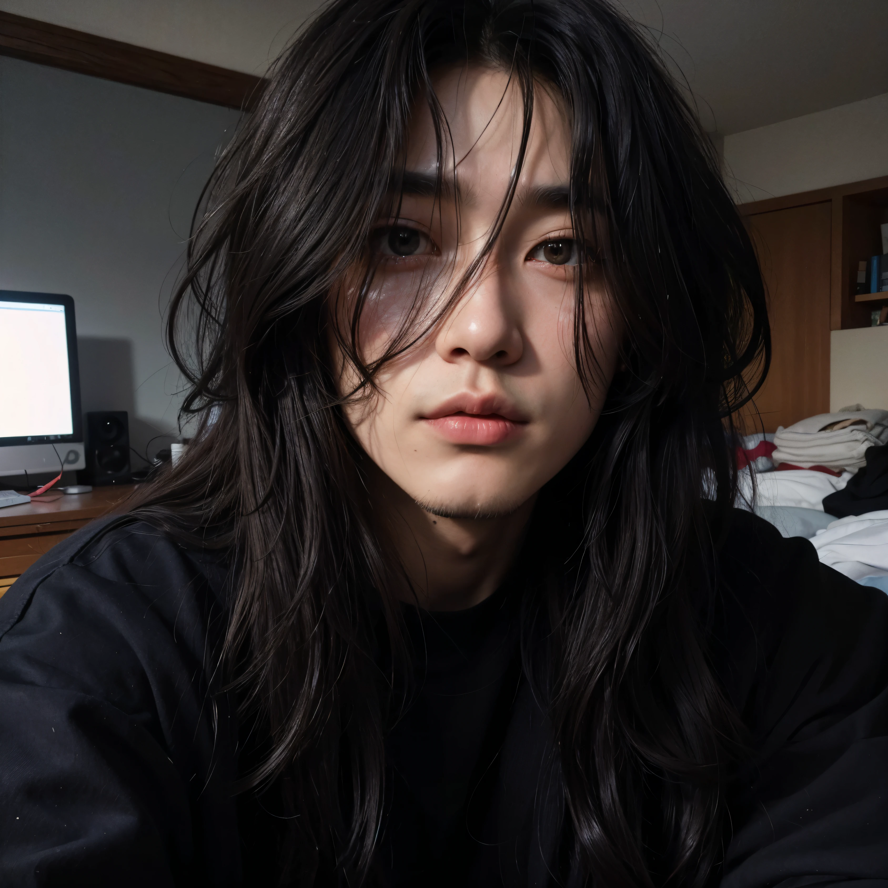 asian man with long black hair sitting taking a selfie, with his long black hair, messy long black hair, handsome japanese boy, south korean male, with long hair, male ulzzang, with long dark hair, messy black hair, with long black hair, Jeon Jungkook with black hair, with long hair and looks like jeon jungkook from bts with a serious face