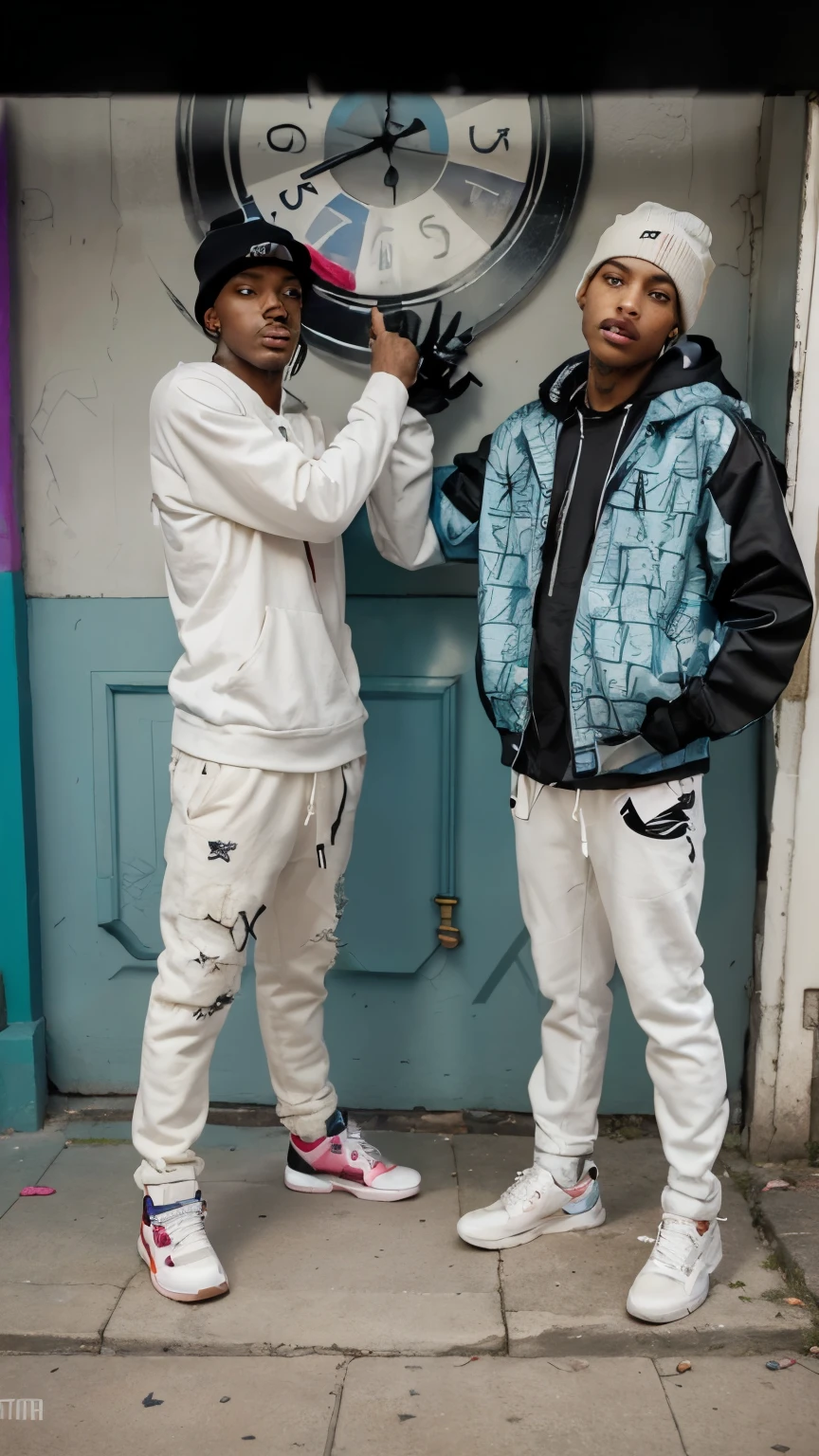 (best quality,4k,8k,highres,masterpiece:1.2),ultra-detailed,(realistic,photorealistic,photo-realistic:1.37),Two brothers,ski masked,hip-hop,sleek,urban style,sporty look,new swag,stylish outfits,sportswear:1.1,popular street fashion,bold attitude,confidence,swagger,athletic built,exquisite details,attention to fashion details,trendy hairstyles,mischievous grins,energetic poses,vibrant personality,Jordan's,sneakers:1.1,iconic footwear,streetwear culture,ghetto environment,colorful walls,urban art/graffiti:1.1,expressive spray paintings,lively street scene,distinctive aesthetics,graffiti artwork,talented street artists,detailed graffiti characters,artistic expression,dynamic composition,striking colors,dark alleys,flickering street lights,each corner tells a story,underground culture,sharp perspectives,gritty atmosphere,guns,edgy elements,props:0.9,street culture symbols,raw authenticity,minimalist tattoos,attitude of rebellion,weed smoke,smoky haze:0.9,atmospheric effects,mysterious ambiance