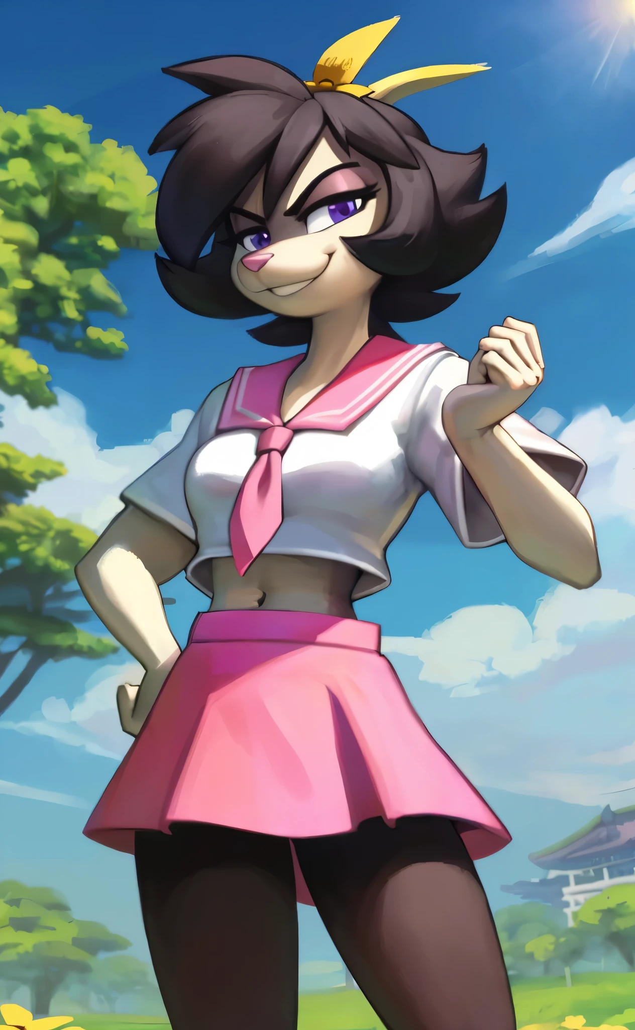 [Dot], [Animaniacs], [Uploaded to e621.net; (Pixelsketcher), (wamudraws)], ((masterpiece)), ((HD)), ((high res)), ((solo portrait)), ((waist-up)), ((front view)), ((detailed fur)), ((detailed soft shading)), ((beautiful render art)), {anthro; (slim figure), black fur, pink nose, short black hair, (tied-up hair), (cute maroon eyes), (long eyelashes), (curvy hips), (beautiful legs), (smug grin)}, {(japanese school uniform), (white short sleeve shirt), (pink tie), (navel), (short pink skirt), (upskirt), (white panties visible), (white thighhighs), (yellow flower in hair)}, {(standing), (hand on hip), (looking at viewer)}, [background; (park), (grass plains), (clouds in sky), (blue sky), (sun rays), (ambient lighting)]