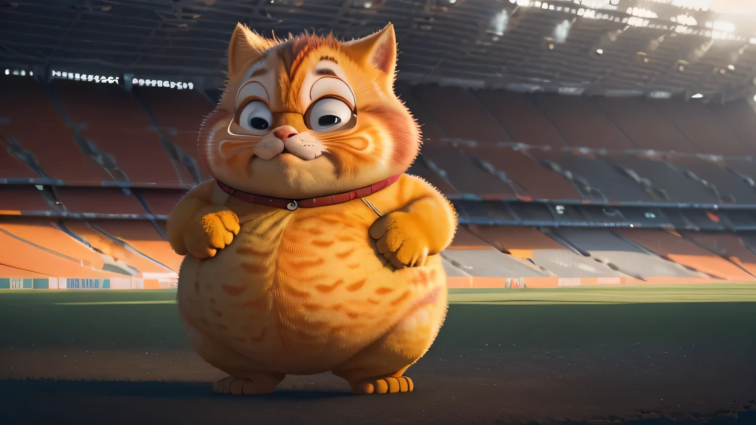 super bull, at the stadium, crying thick cat, orange, thick, Garfield, No_People, depth of field, Disney style, Dark_Glam, wear DRC_Glam, deep shadow, (Dark: 1.4), (8K, raw photo, Best quality, masterpiece: 1.2), Large expression on his face, sad mouth
