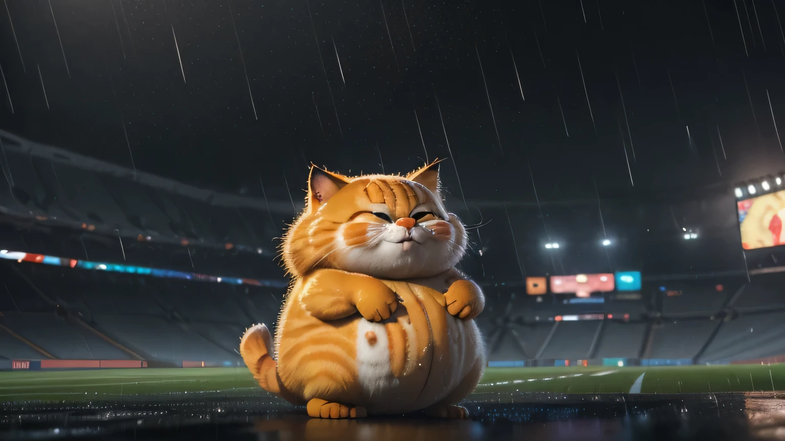 super bull, at the stadium, crying thick cat, orange, thick, Garfield, No_People, depth of field, Disney style, Dark_Glam, wear DRC_Glam, deep shadow, (Dark: 1.4), (8K, raw photo, Best quality, masterpiece: 1.2), sad with big eyes , rain, sadness, suffering, lost.