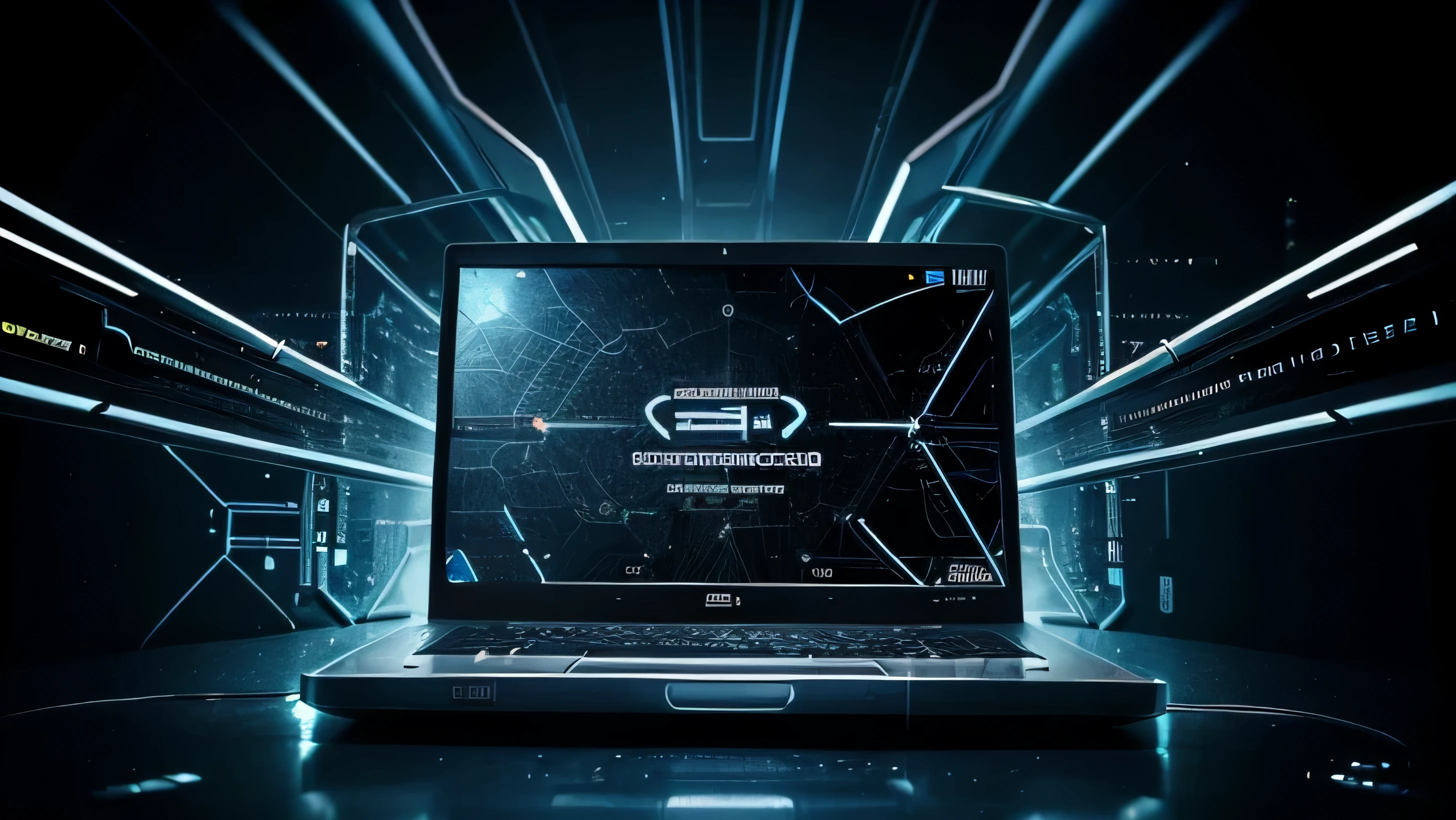 A notebook or computer with images of connections , Information. fundo escuro.