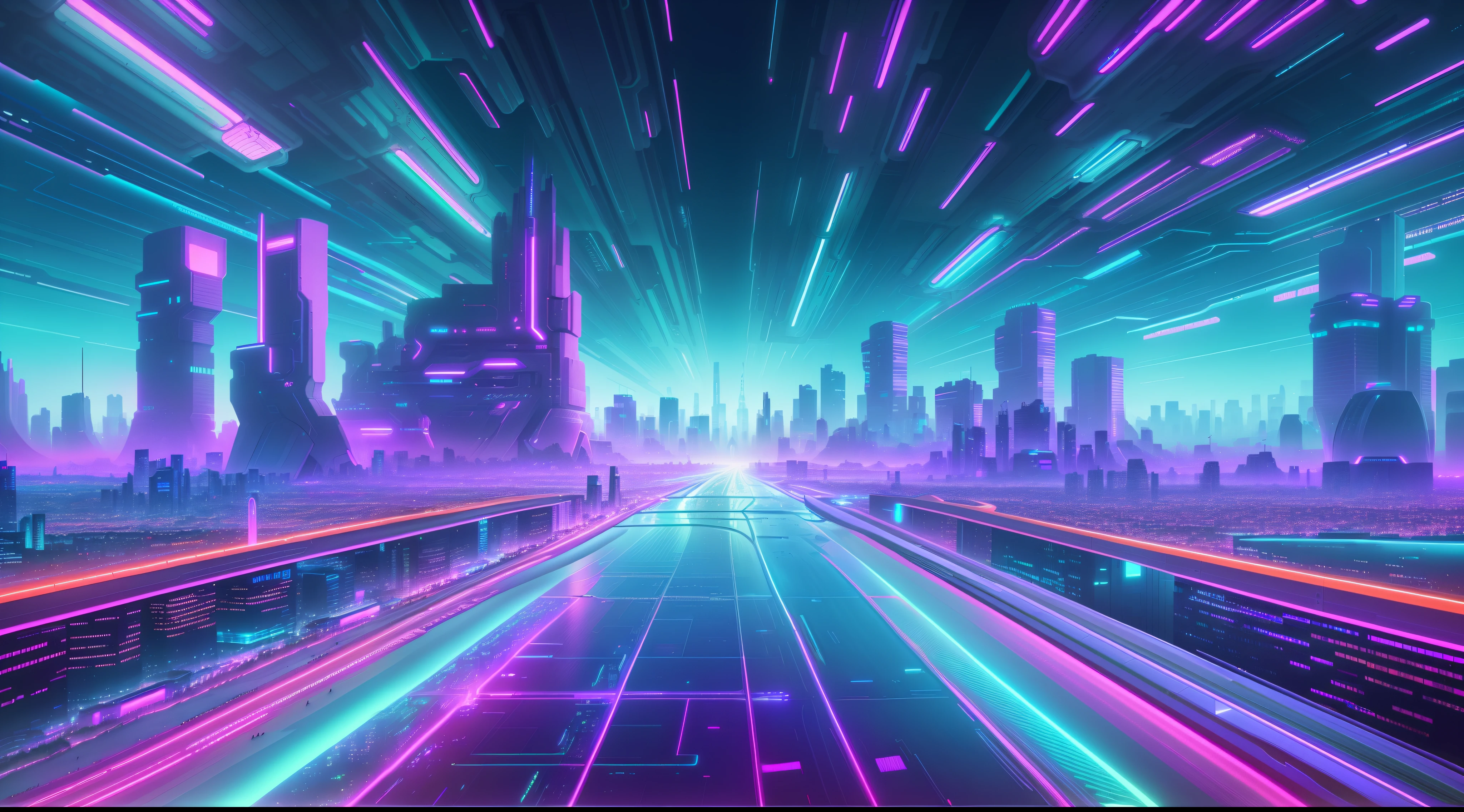 Vista da cidade，Long queues of traffic pass by it, rua futurista da cidade, rua futurista, Foto de uma paisagem urbana futurista, cybernetic city background, fundo urbano futurista, megacidade neon ao fundo, fundo da cidade futurista, cidade futurista no fundo, Fundo de rua da cidade cyberpunk, Neon cityscape background, Paisagem futurista da cidade, A cidade do futuro