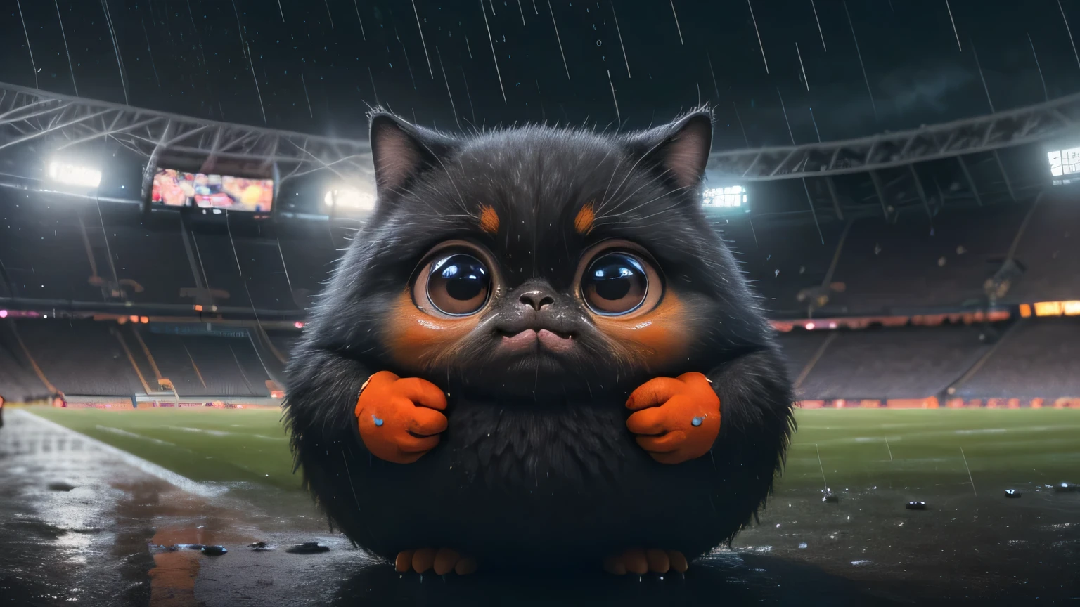 super bull, at the stadium, crying thick cat, orange, thick, People point fingers, depth of field, Disney style, Dark_Glam, wear DRC_Glam, deep shadow, (Dark: 1.4), (8K, raw photo, Best quality, masterpiece: 1.2), sad with big eyes , rain, sadness, suffering, When the American ball is lost