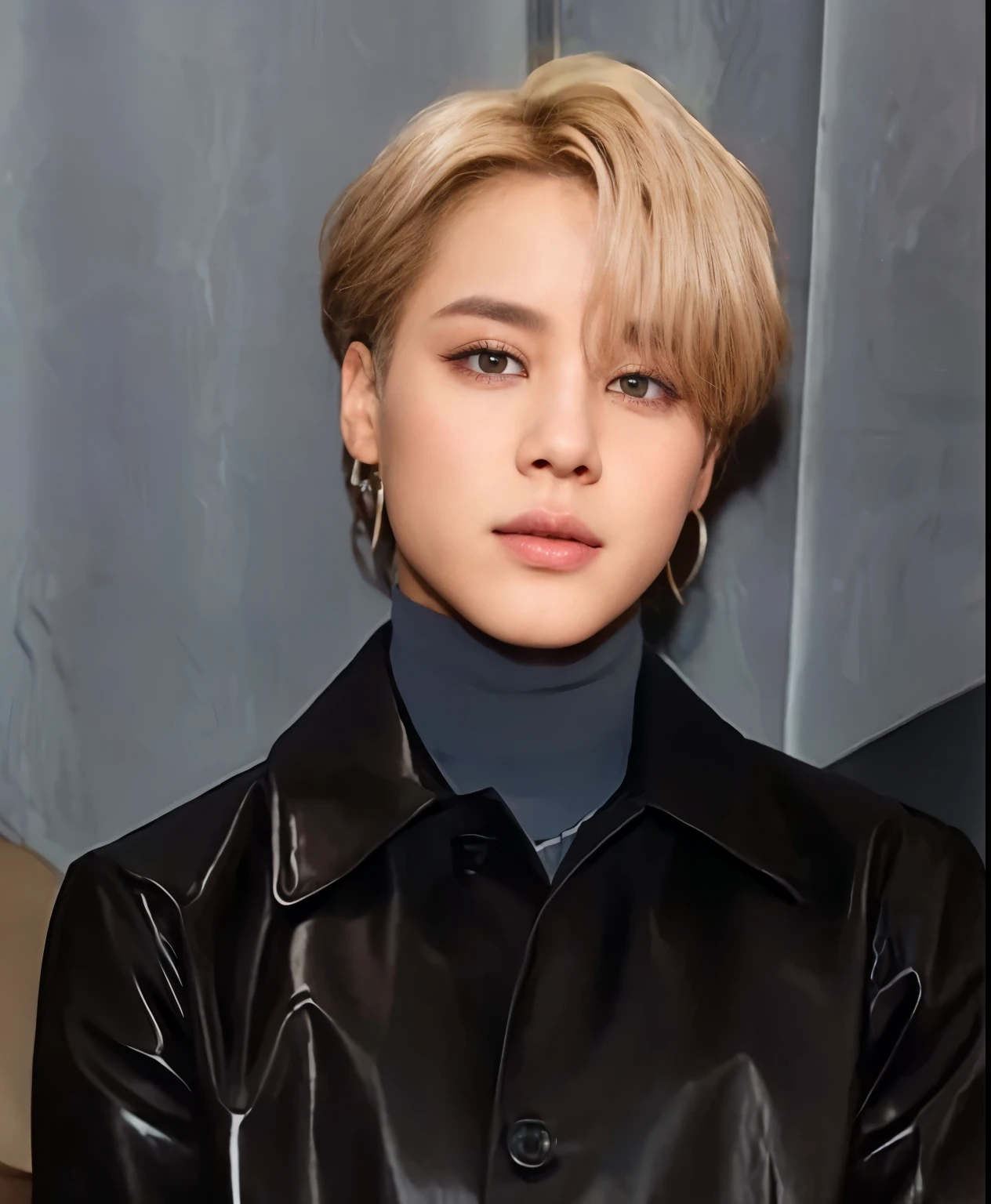 PARK Jimin de bts rostro angelical, facciones definidas, small nose, ojos verdes, cabello rubio, ojos rasgados, labios voluminosos, androgino 