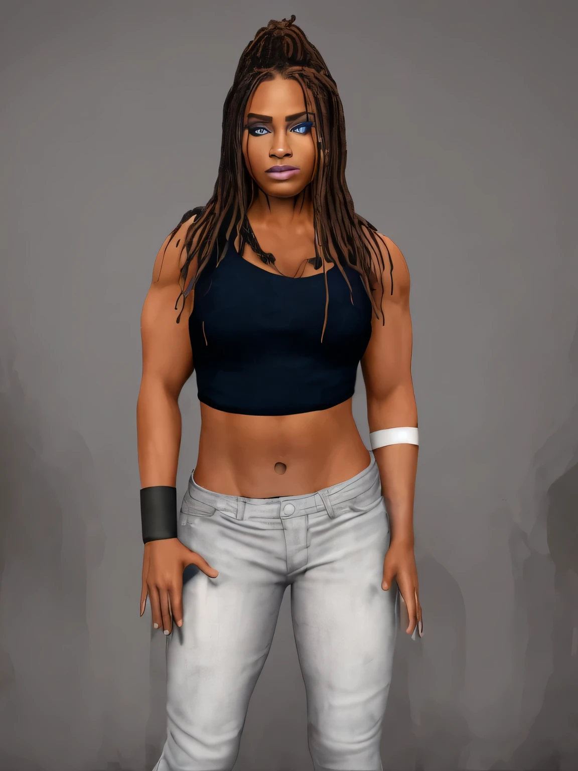((masterpiece, best quality)), brown dreadlock hair with blonde tips, black wrist band, white cloth arm band, purple eye shadow, light pink lipstick, fit body, black woman, dark blue and black stone washed shirt, light grey jeansphoto realistic, intricate details, Epicrealism, clear facial features, cinematic, accent lighting