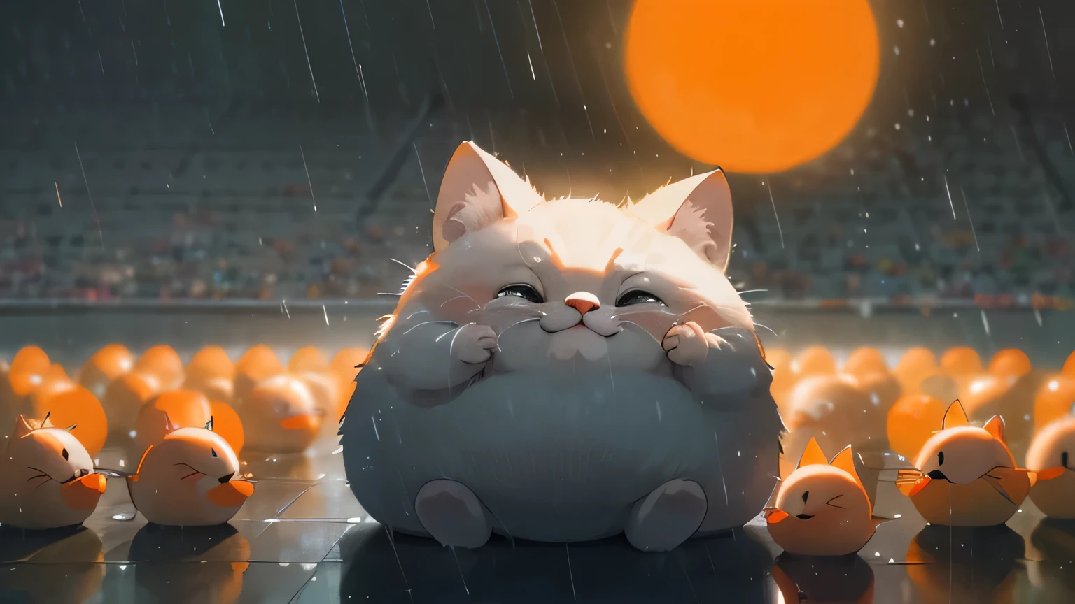 The final, at the stadium, crying thick cat, orange, thick, People point fingers, depth of field, Disney style, Dark_Glam, wear DRC_Glam, deep shadow, (Dark: 1.4), (8K, raw photo, Best quality, masterpiece: 1.2), sad with big eyes , rain, sadness, suffering, When the American ball is lost