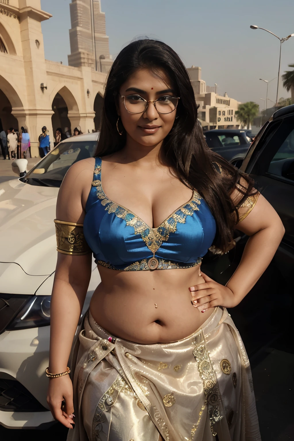 (hyper-realistic,best quality:1.15) Indian woman wearing lehenga (Indian designer dress), 20 years old, (chubby cheeks:1.1), (curvy body:1.2), (eyeglasses), (bindi), An Indian beauty, charismatic, dark-skin, view the viewer, naughty smile, Dubai streets (sports car, burj khalifa), (perfect eyes)