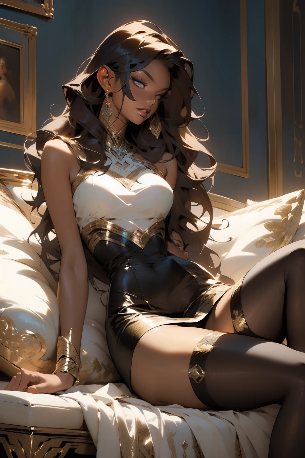 1 linda mulher careca bela e perfeita, dark-skinned woman with mechanical arms in a short, very low-cut dress made of very thin transparent silk, beautiful and erotic, usando muitas joias (rings, brincos, colares, pulseiras, piercings), sci-fi, (pintura digital por Andree Kohn) sorriso bem sexy, seios extremamente volumosos super gigantes e bunda extra gigante, extremely large strong fitness and intense and powerful muscles, halterofilista, malhada, bombada, fisiculturista, com bronzeado forte, sensual e intensivo, bastante suada e oleosa, cabelo vermelho muito longo, straight and long and green eyes walking forward and striking a sensual and erotic pose, com uma luz em torno dela, near a throne in a large futuristic imperial hall of a sci-fi castle
