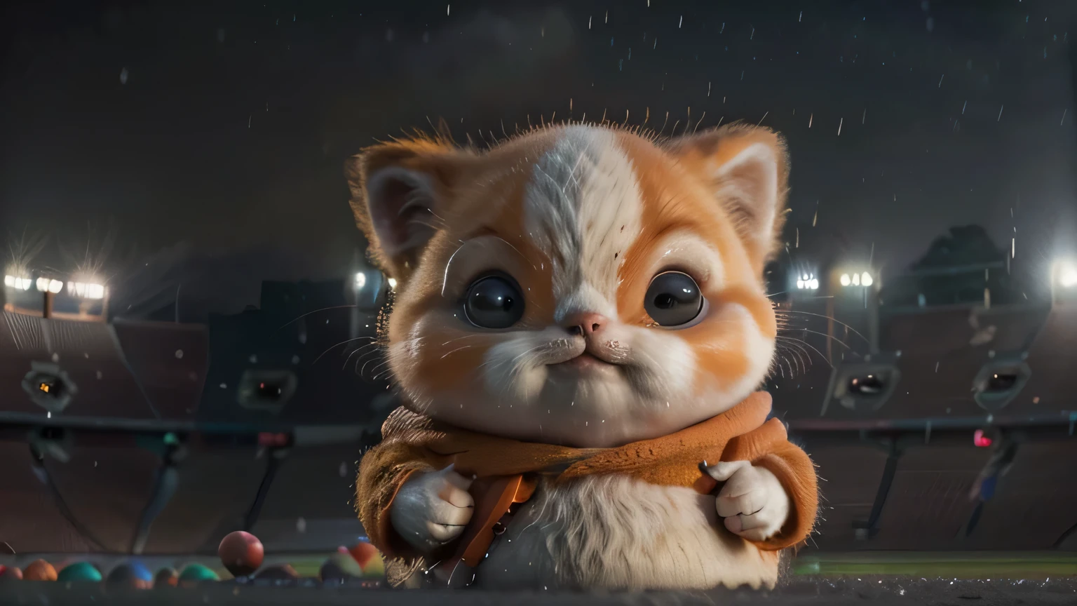 at the stadium, crying thick cat, and Kitty, orange, thick, People point fingers, depth of field, Disney style, Dark_Glam, wear DRC_Glam, deep shadow, (Dark: 1.4), (8K, raw photo, Best quality, masterpiece: 1.2), sad with big eyes , rain, sadness, suffering, When the American ball is lost
