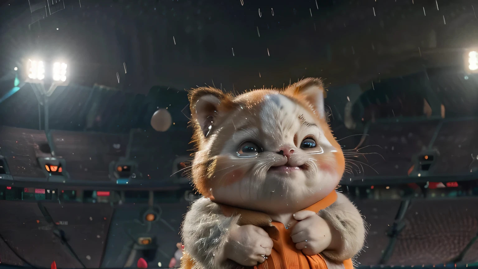 at the stadium, crying thick cat, orange, thick, People point fingers, depth of field, Disney style, Dark_Glam, wear DRC_Glam, deep shadow, (Dark: 1.4), (8K, raw photo, Best quality, masterpiece: 1.2), sad with big eyes , rain, sadness, suffering, When the American ball is lost. they cry so much
