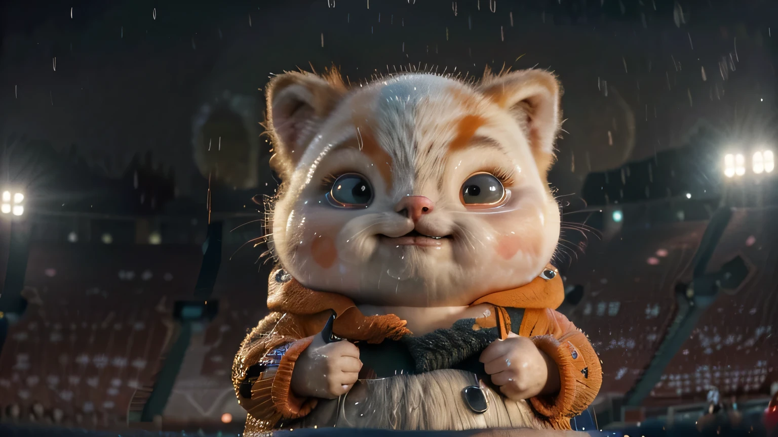 at the stadium, crying thick cat, orange, thick, People point fingers, depth of field, Disney style, Dark_Glam, wear DRC_Glam, deep shadow, (Dark: 1.4), (8K, raw photo, Best quality, masterpiece: 1.2), sad with big eyes , rain, sadness, suffering, When the American ball is lost. they cry so much