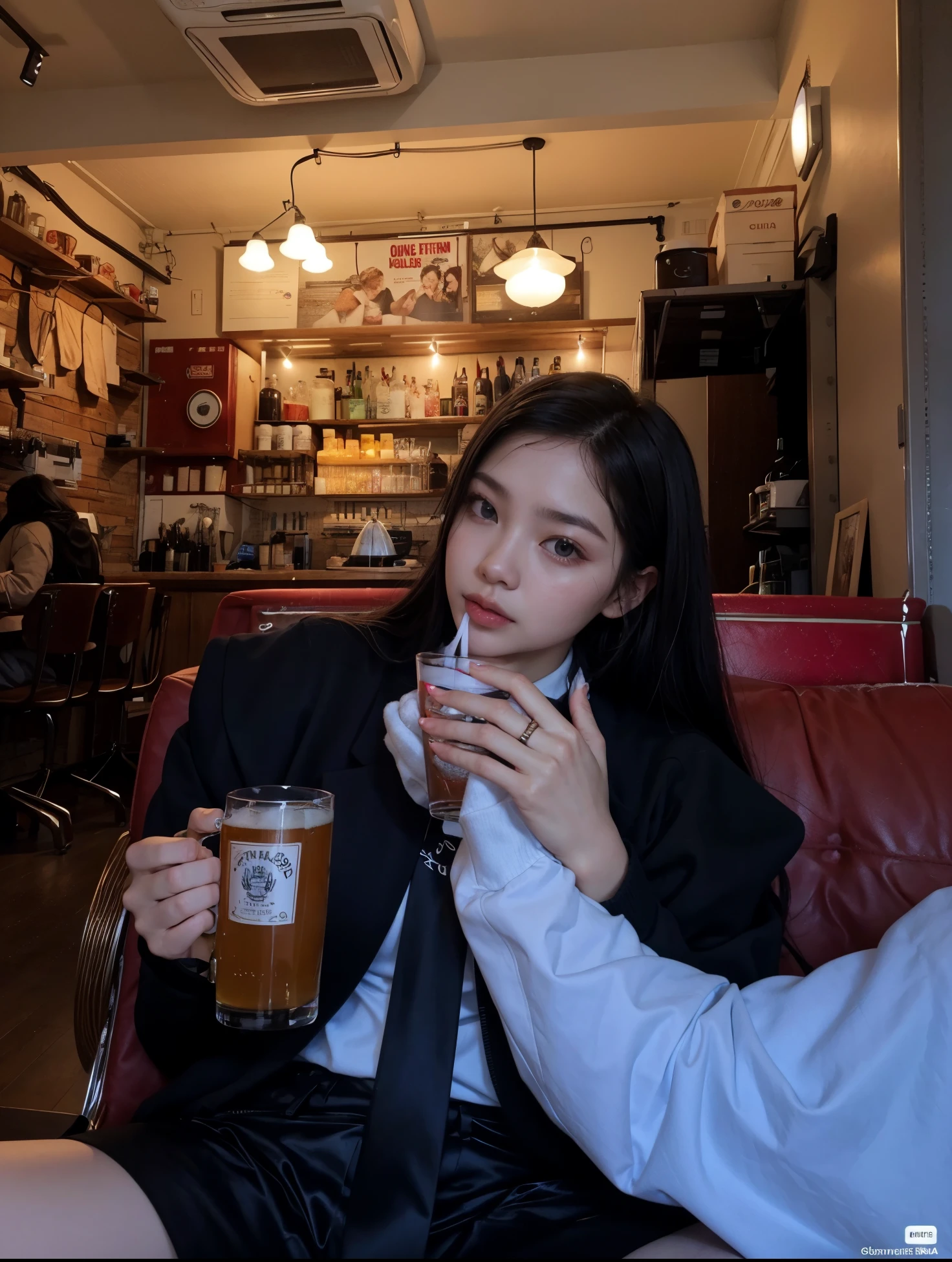 there is a woman sitting in a chair having a drink, com uma bebida, bebendo cerveja, bebendo uma cerveja, segurando uma bebida, Kim jennie, Kim lisa, muito linda, detailed strokes, Korean fem jennie kim