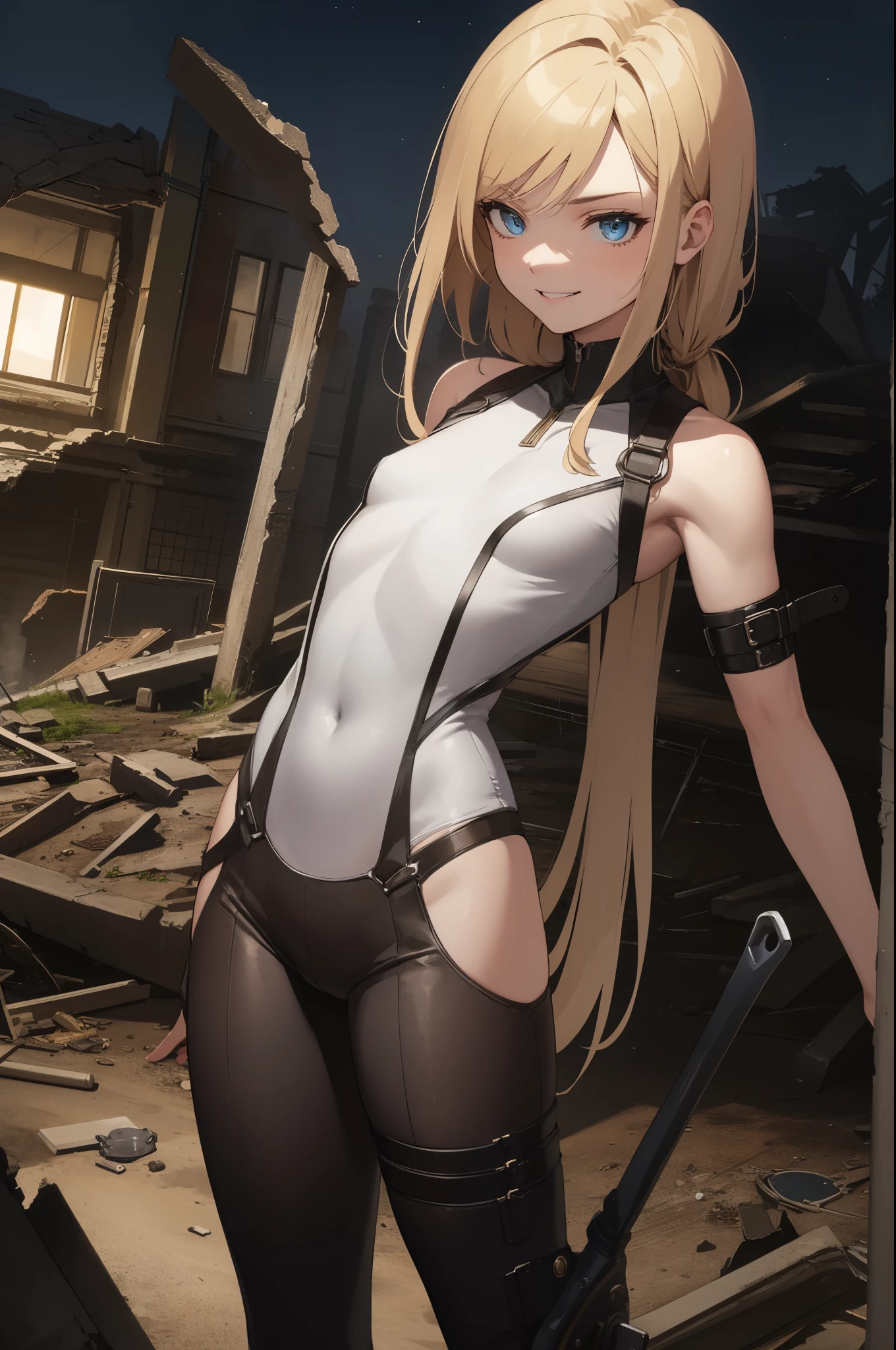 yorha a2, toned belly, sombre look, ruins, high quality, beautiful face, correct anatomy