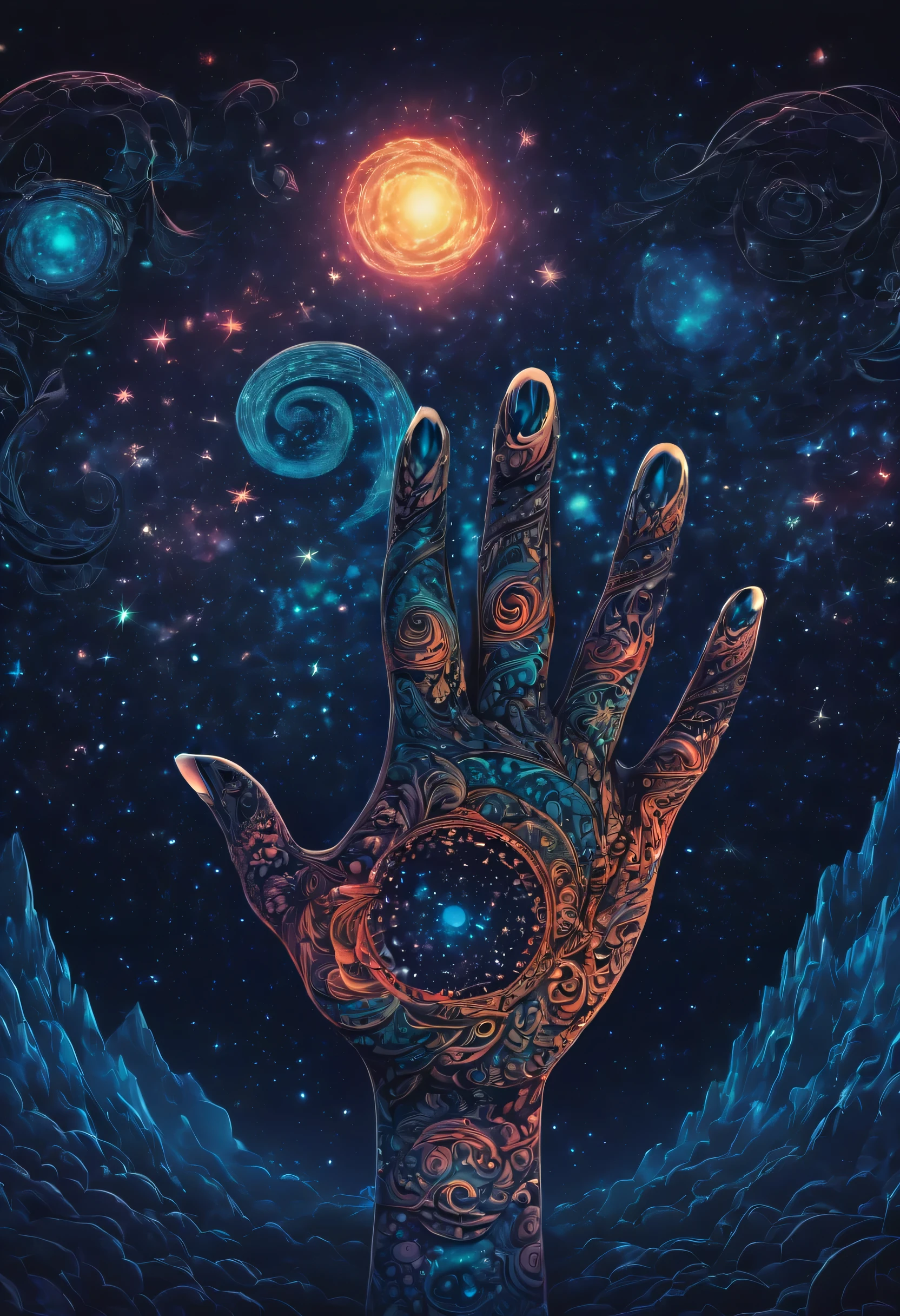 (best quality, highres, ultra sharp), magical ,cute hands, tattoo, in a magical starry sky, zentangle, full colored, 3d crunch,