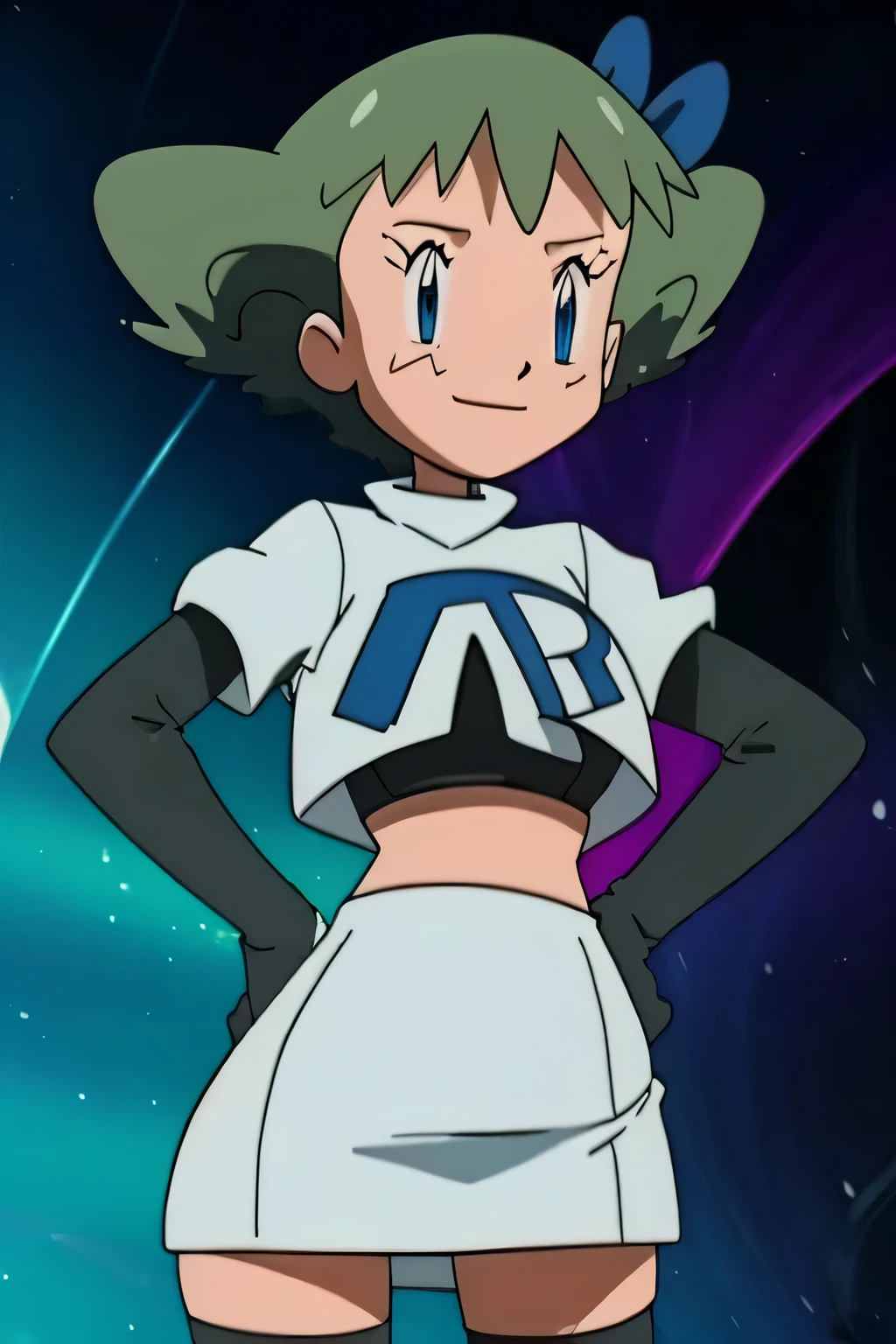 8k, anime screencap,1girl in, (solo:1.1), (perfect body:1.1), (best quality:1.1), very large breast, team rocket uniform, red letter r, white skirt,white crop top,black thigh-high boots, black elbow gloves, evil smile, looking down at viewer, hands on hips,zettai ryouiki,cowboy shot, Molly Hale