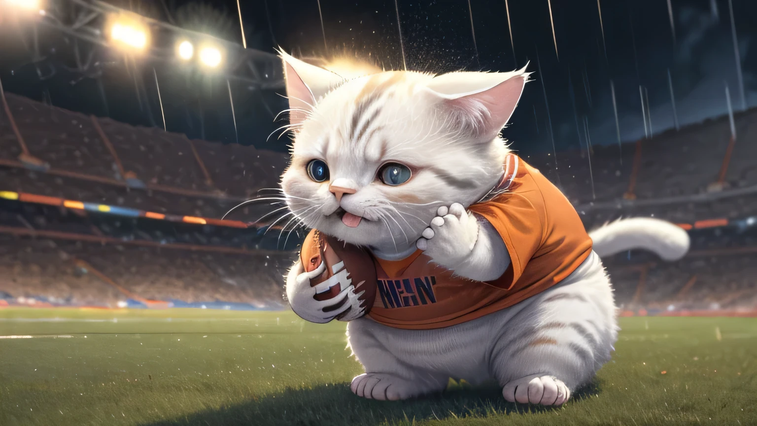 at the stadium, crying thick cat, orange, thick, People point fingers, depth of field, Disney style, Dark_Glam, wear DRC_Glam, deep shadow, (Dark: 1.4), (8K, raw photo, Best quality, masterpiece: 1.2), sad with big eyes , rain, sadness, suffering, When the American ball is lost, Cat in sportswear, like Kat, American football player..