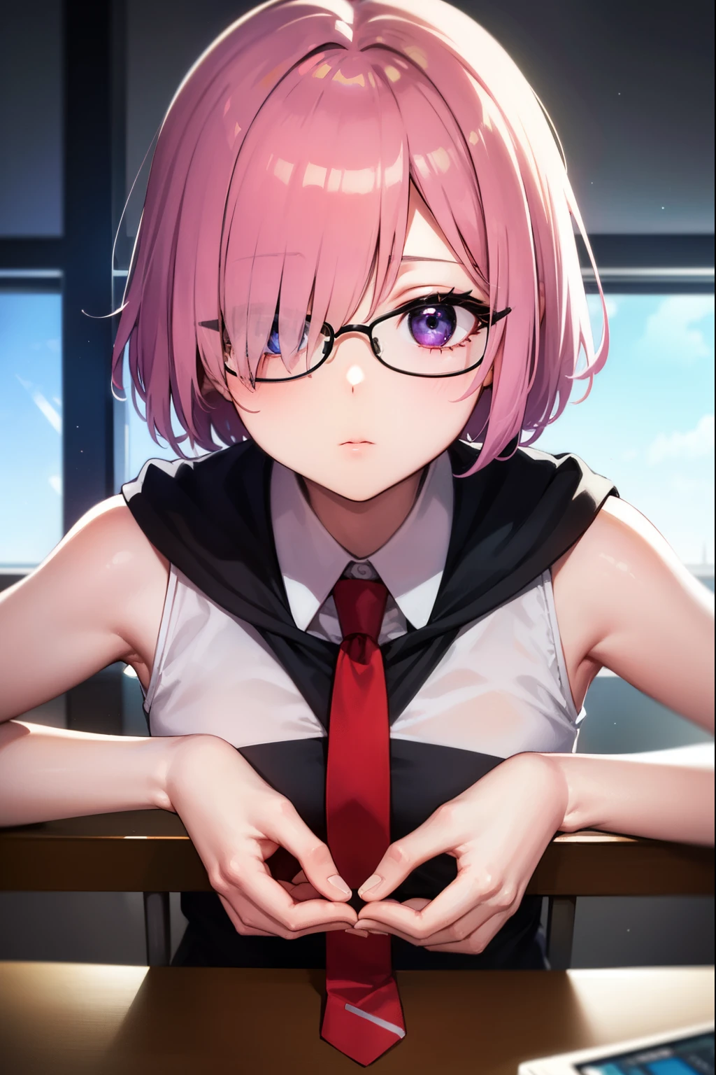 mashkyrielight, mash kyrielight, glasses, hair between eyes, hair over one eye, (purple eyes:1.1), pink hair, short hair,
BREAK hood, shirt, collared shirt, white collar, black shirt, necktie, red necktie, sleeveless, off shoulder,
BREAK looking at viewer,
BREAK indoors, classroom,
BREAK (masterpiece:1.2), best quality, high resolution, unity 8k wallpaper, (illustration:0.8), (beautiful detailed eyes:1.6), extremely detailed face, perfect lighting, extremely detailed CG, (perfect hands, perfect anatomy),