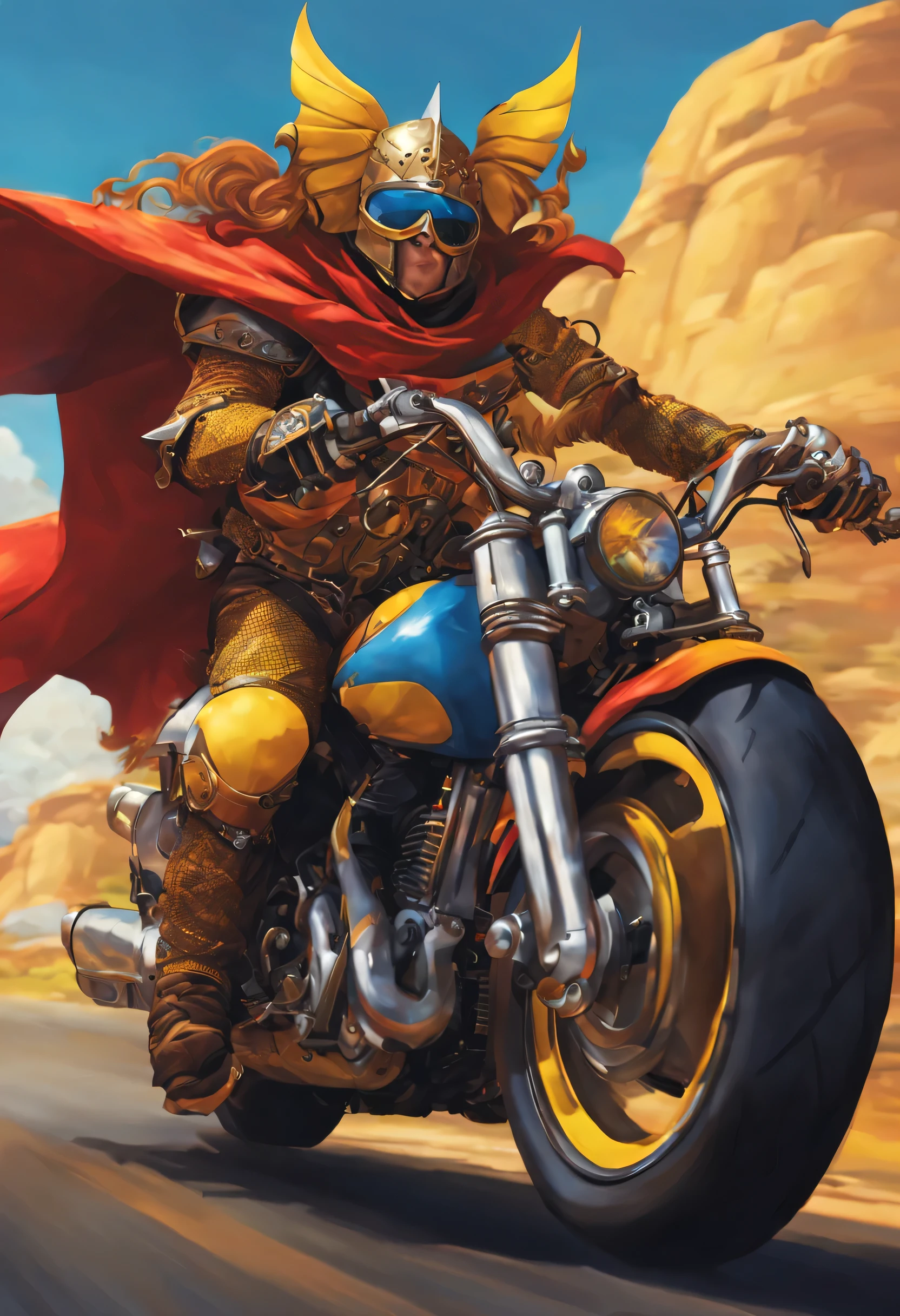 cavaleiro medieval, vestindo um torso amarelo e uma cota de malha azul, segurando um escudo amarelo, vestindo uma capa vermelha curta, dungeons and dragons style, andando em uma grande e selvagem motocicleta Harley Davidson, Speeding on a highway in a fantastic world with a colorful SKY landscape, full of monsters and dragons, facing the camera, cabelo preto curto, smiling with sunglasses