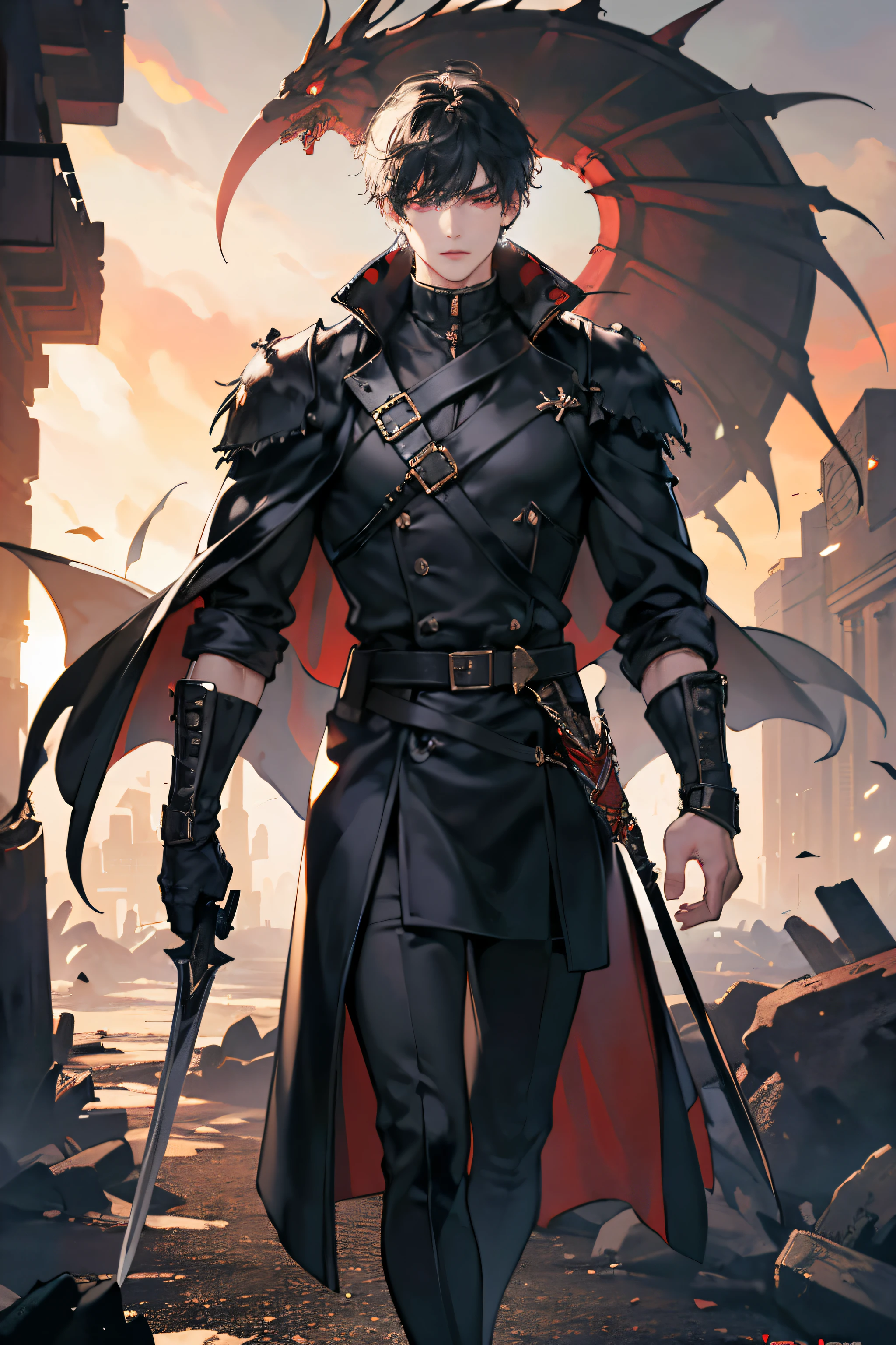 best quality, (RAW photo:1.2), (masterpiece:1.4), (highres:1.4), depth of field, intricately detailed, 8k, extremely detailed, perfect lighting, epic background, solo, super fine photo, portrait digital art Unreal Engine 5 8K UHD of a man, concept art, character concept design, wearing black long leather coat with white shirt, right arm armor, black boots, long half black white hair, red devil eyes, sword on the back, demonic energy covered his whole body, fantasy fashion design, walking in destroyed town, best quality, masterpiece, super detailed, sharp focus, warrior male pose